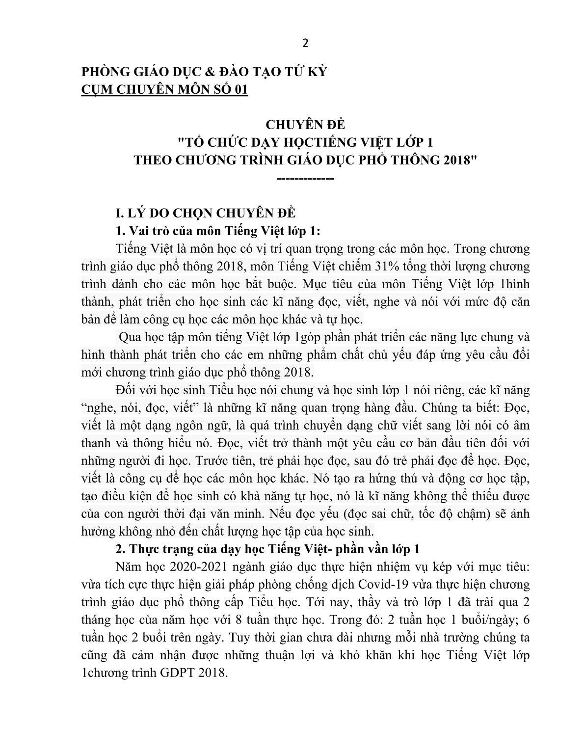 Chuyên đề Tổ chức dạy học Tiếng Việt Lớp 1 theo chương trình giáo dục phổ thông 2018 trang 1