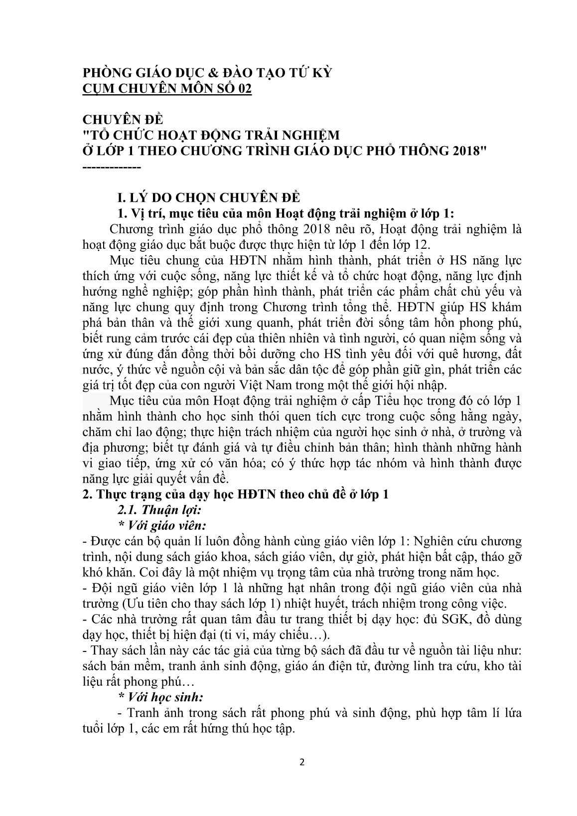 Chuyên đề Tổ chức Hoạt động trải nghiệm ở Lớp 1 theo chương trình giáo dục phổ thông 2018 trang 1