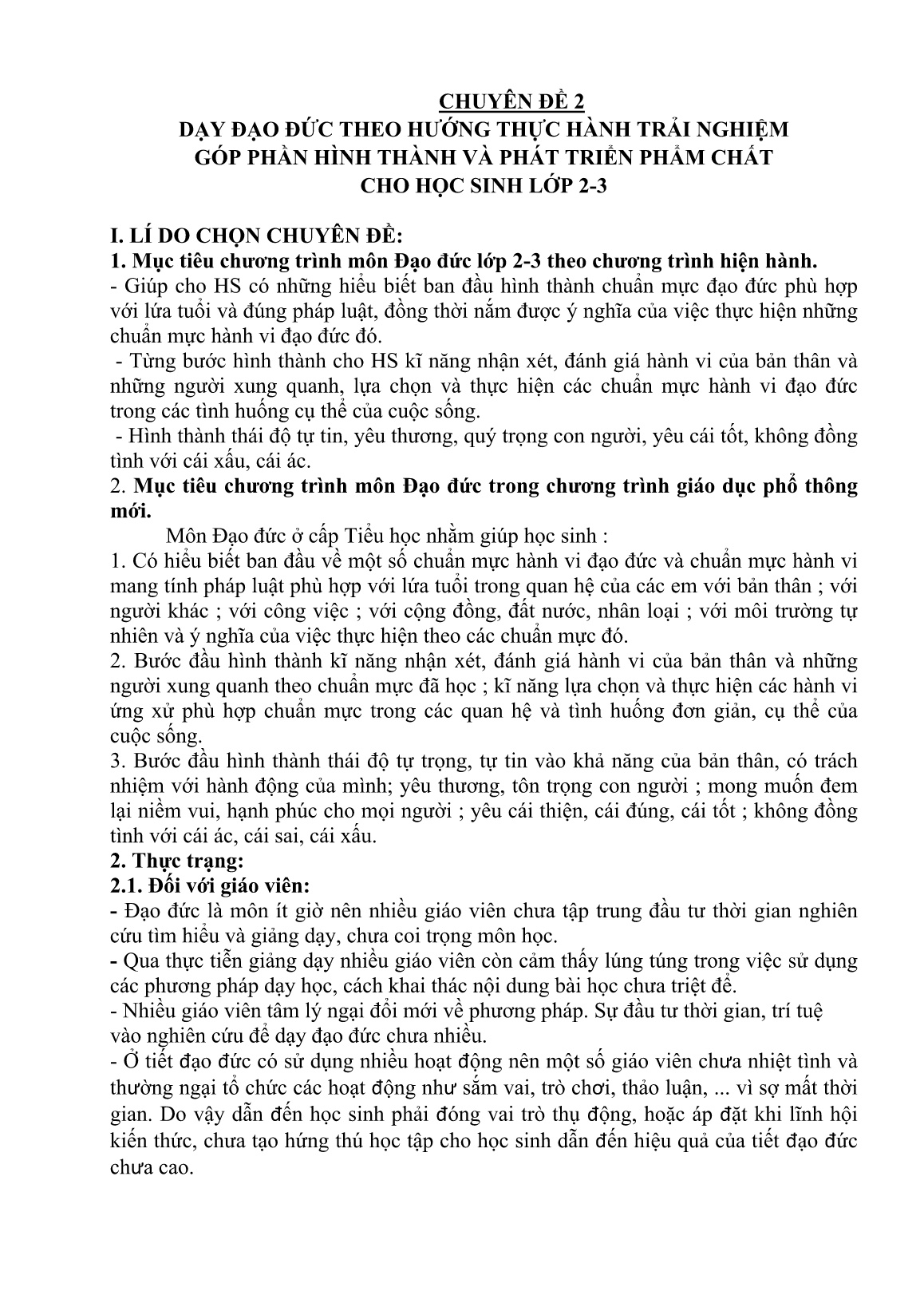 Chuyên đề Dạy đạo đức theo hướng thực hành trải nghiệm góp phần hình thành và phát triển phẩm chất cho học sinh Lớp 2-3 trang 1
