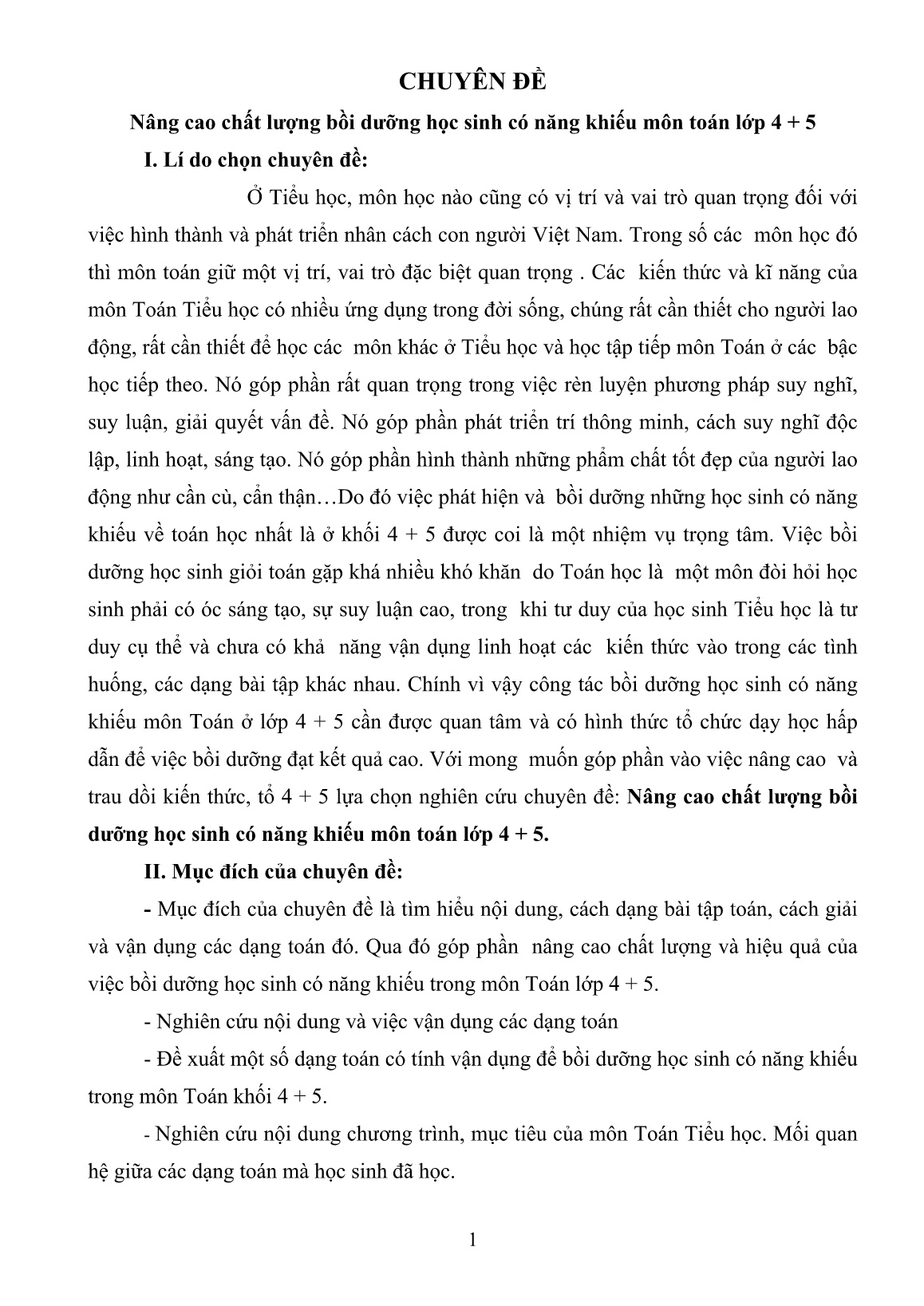 Chuyên đề Nâng cao chất lượng bồi dưỡng học sinh có năng khiếu môn Toán Lớp 4 + 5 trang 1