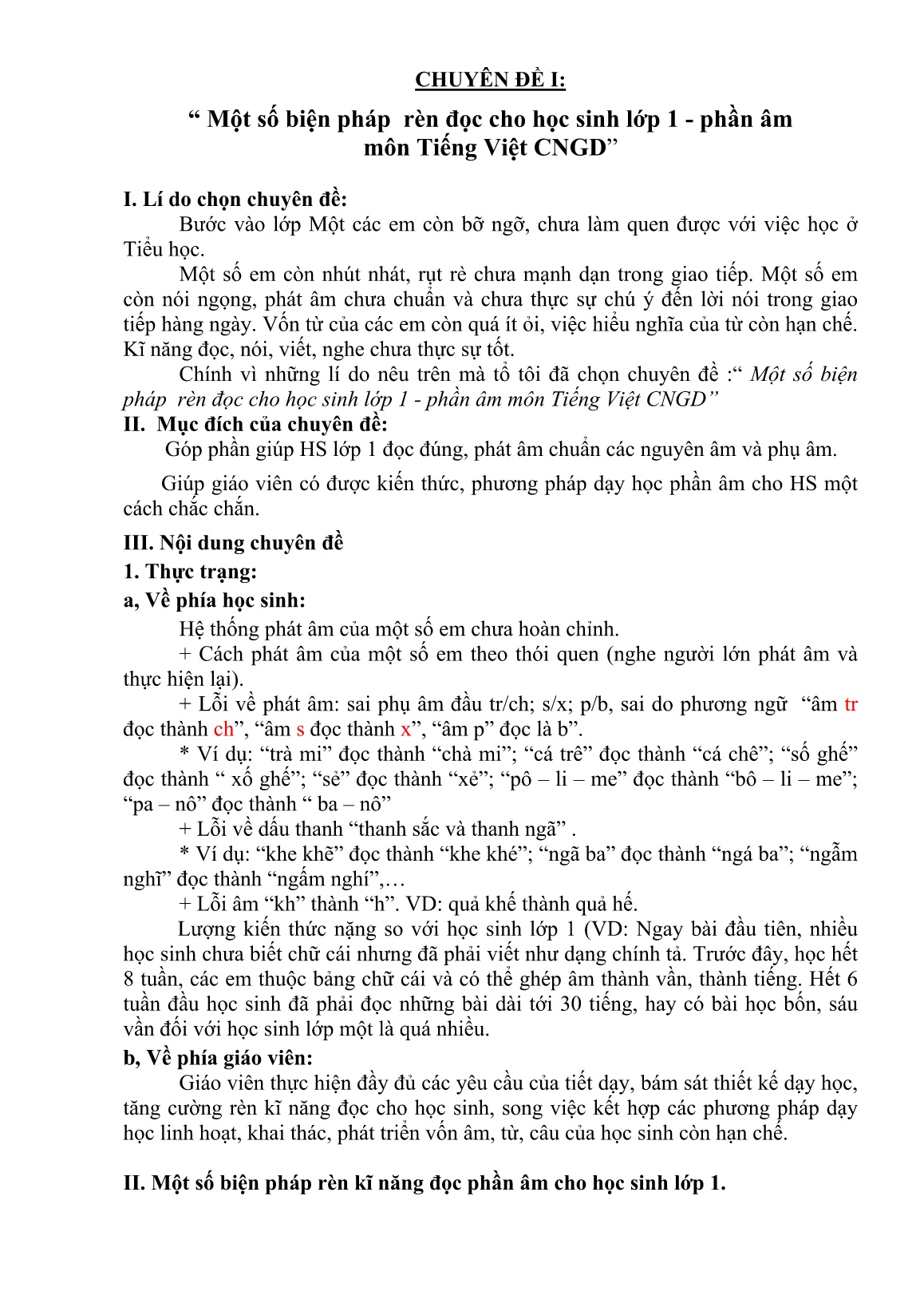 Chuyên đề Một số biện pháp rèn đọc cho học sinh Lớp 1 - Phần âm môn Tiếng Việt CNGD trang 1