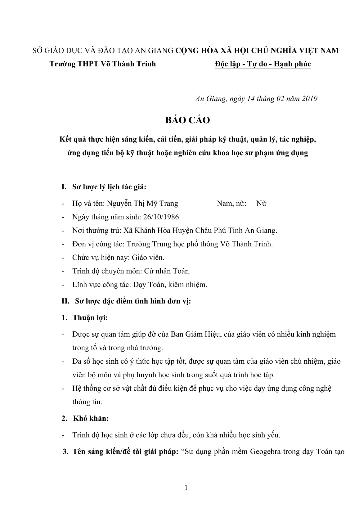 Sáng kiến kinh nghiệm Sử dụng phần mềm Geogebra trong dạy Toán tạo hứng thú học tập cho học sinh Lớp 12 Trường THPT Võ Thành Trinh trang 1