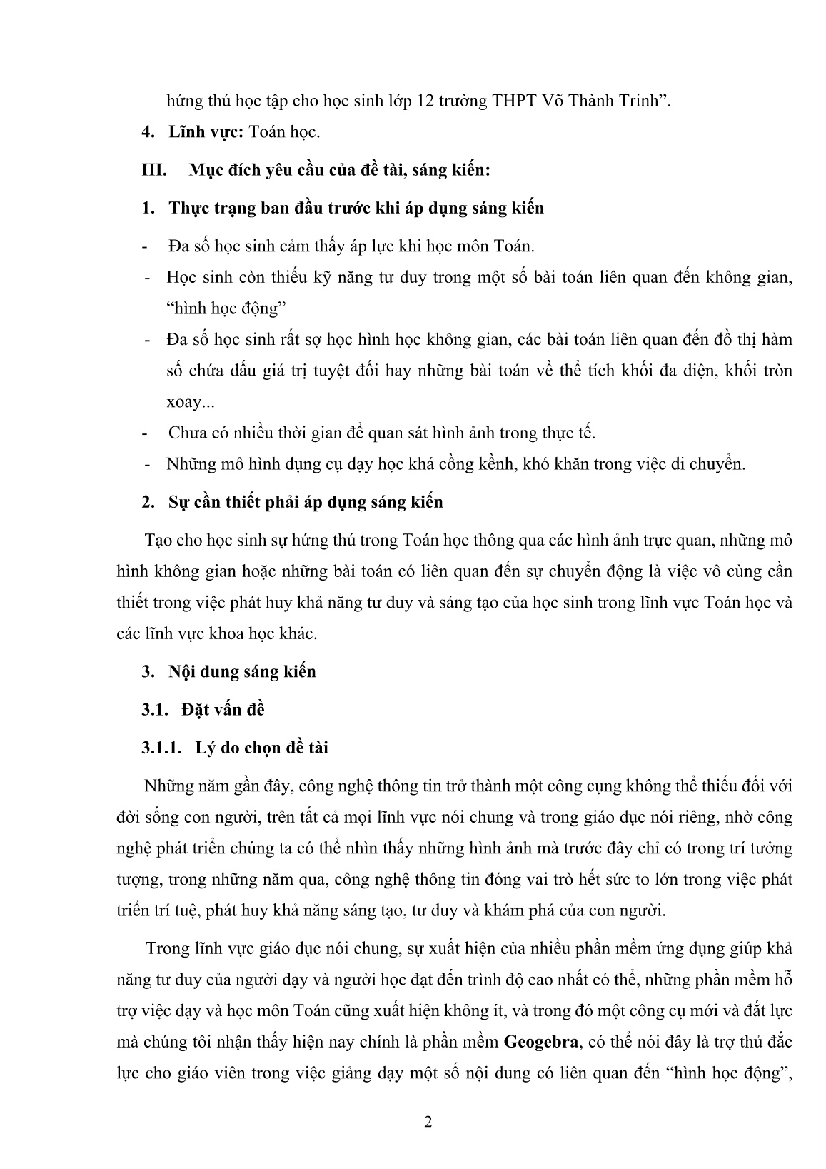 Sáng kiến kinh nghiệm Sử dụng phần mềm Geogebra trong dạy Toán tạo hứng thú học tập cho học sinh Lớp 12 Trường THPT Võ Thành Trinh trang 2