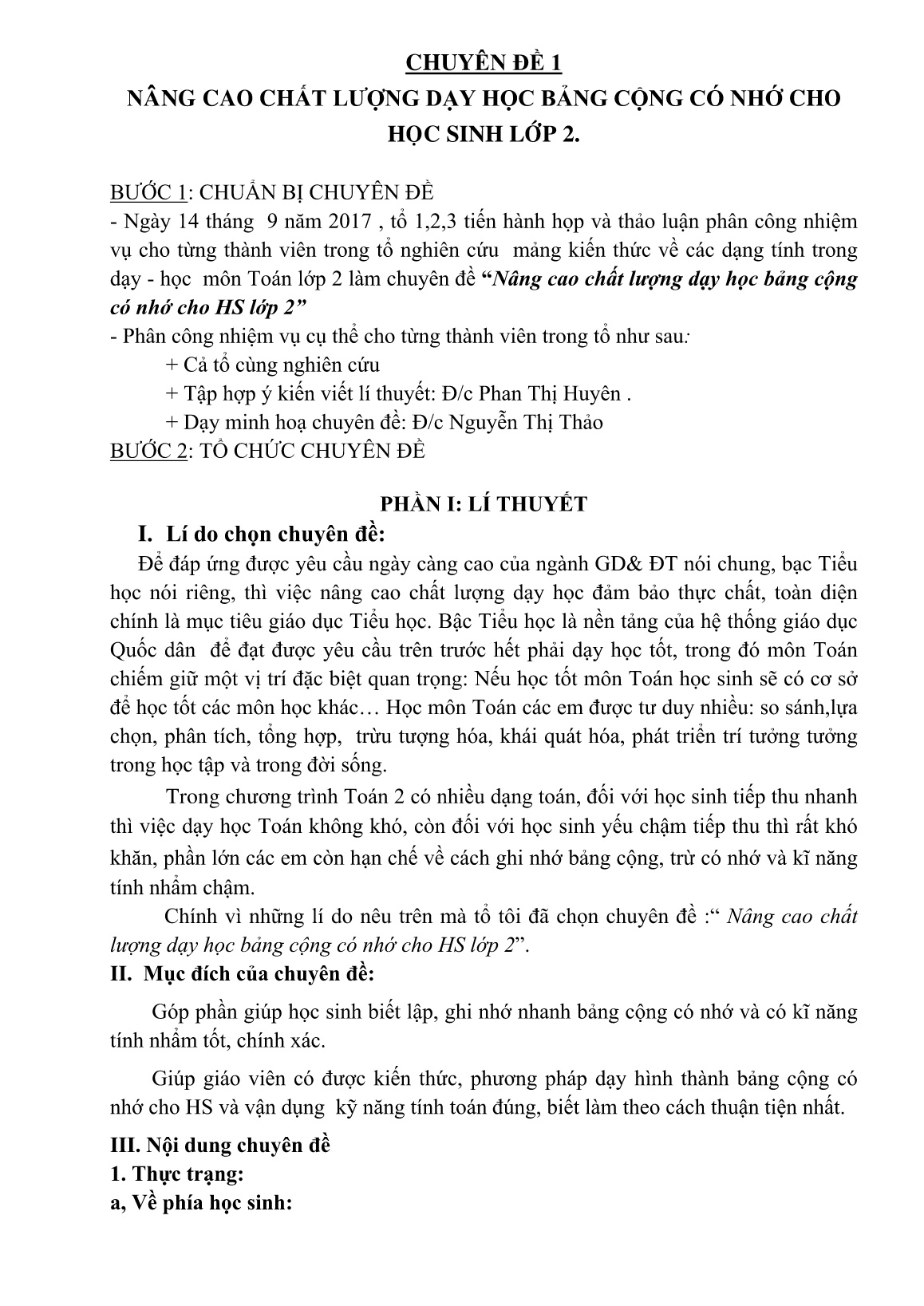 Chuyên đề Nâng cao chất lượng dạy học bảng cộng có nhớ cho học sinh Lớp 2 trang 1