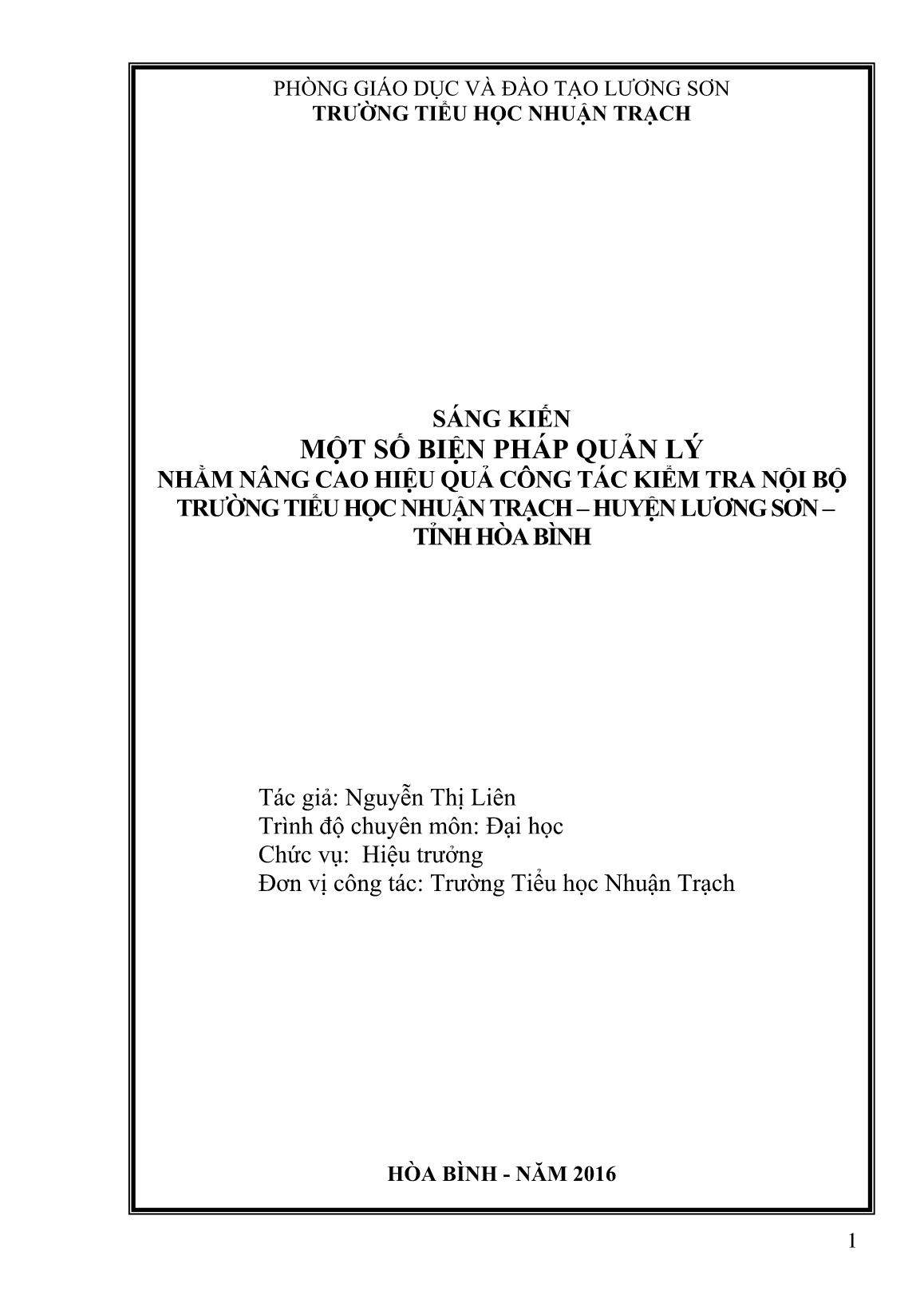 SKKN Một số biện pháp quản lý nhằm nâng cao hiệu quả công tác kiểm tra nội bộ Trường Tiểu học Nhuận Trạch – huyện Lương Sơn – tỉnh Hòa Bình trang 1