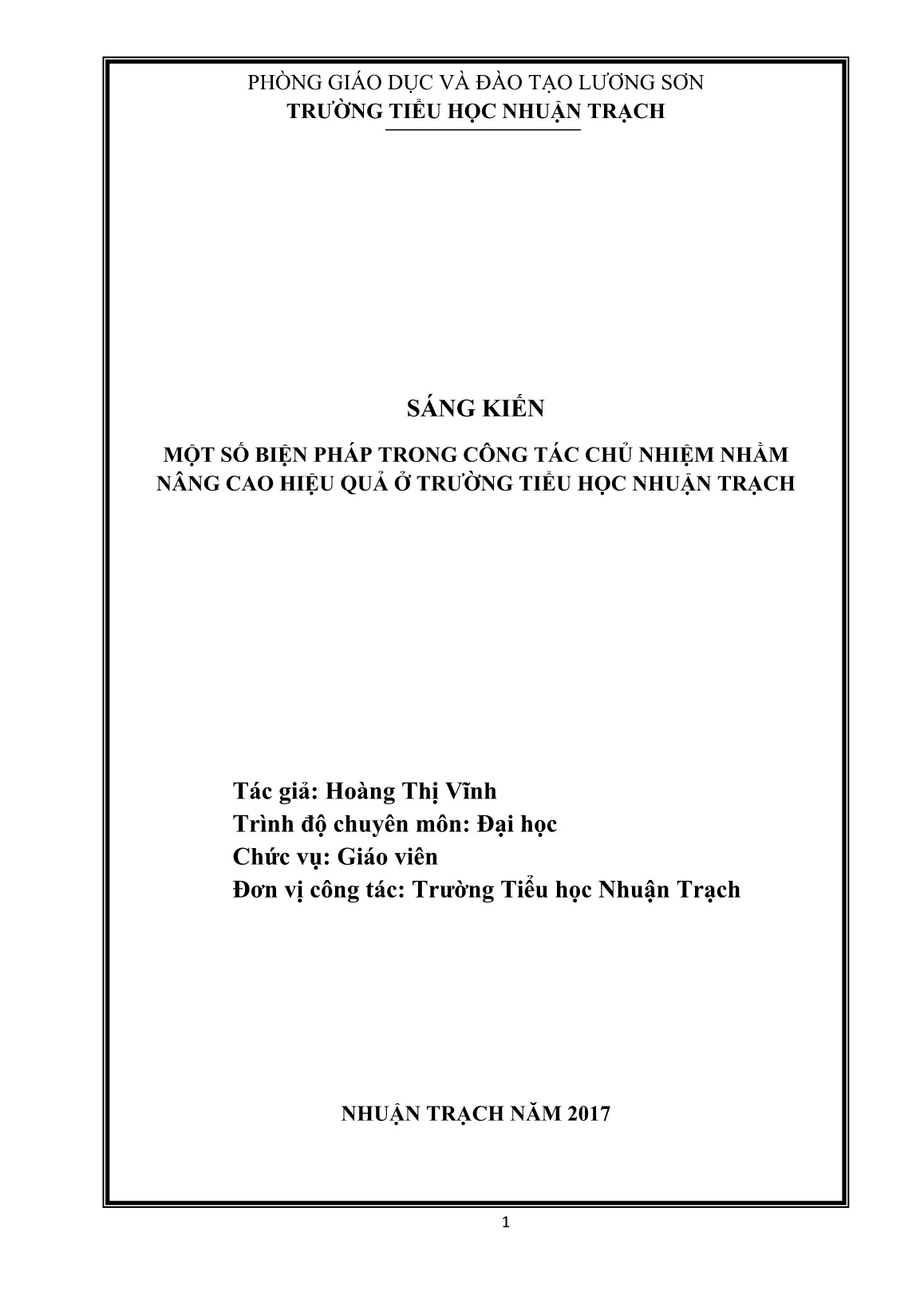 SKKN Một số biện pháp trong công tác chủ nhiệm nhằm nâng cao chất lượng giáo dục học sinh ở Trường Tiểu học Nhuận Trạch trang 1