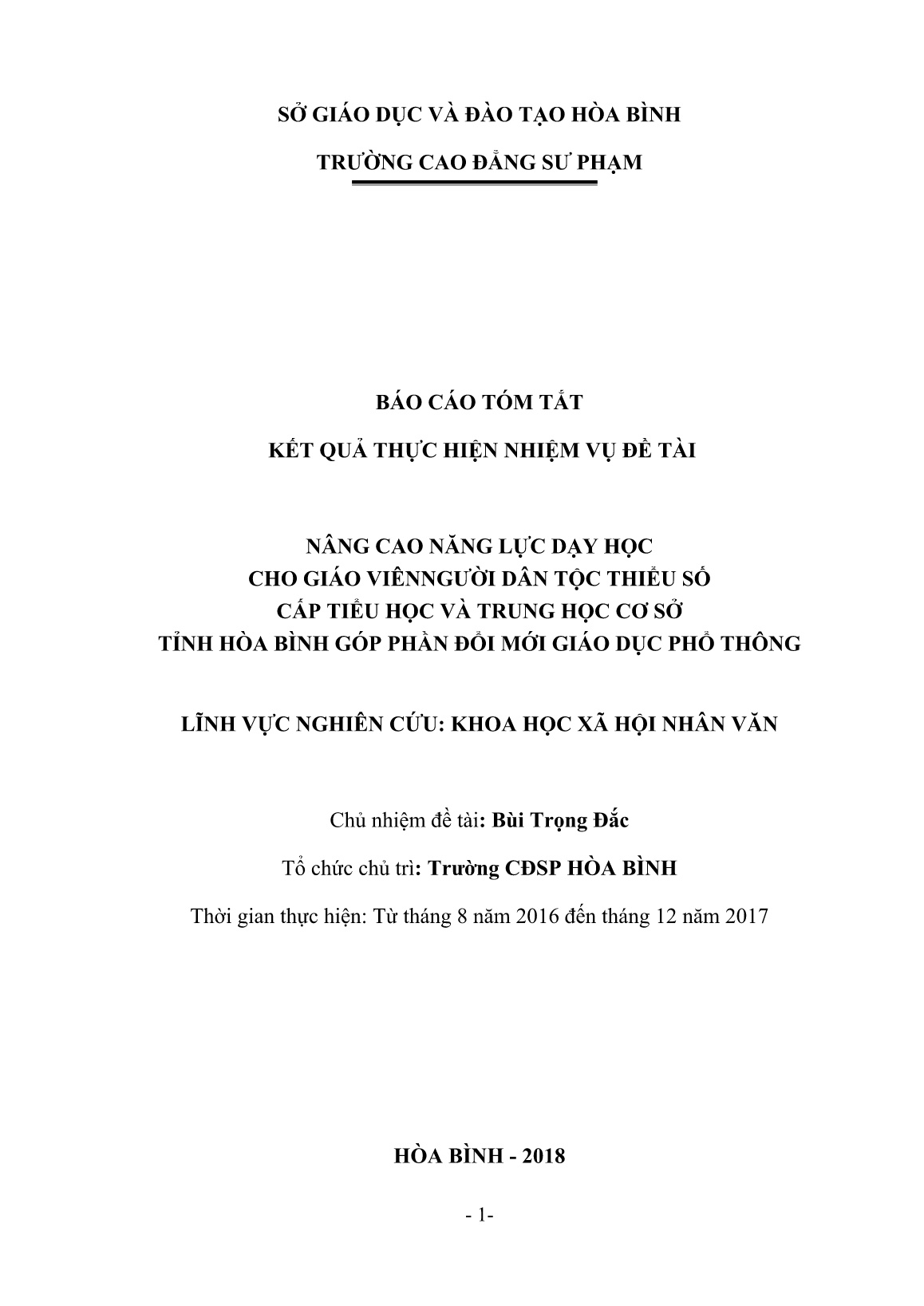 Báo cáo Tóm tắt Nâng cao năng lực dạy học cho giáo viênngười dân tộc thiểu số cấp Tiểu học và Trung học cơ sở tỉnh hòa bình góp phần đổi mới giáo dục phổ thông trang 1