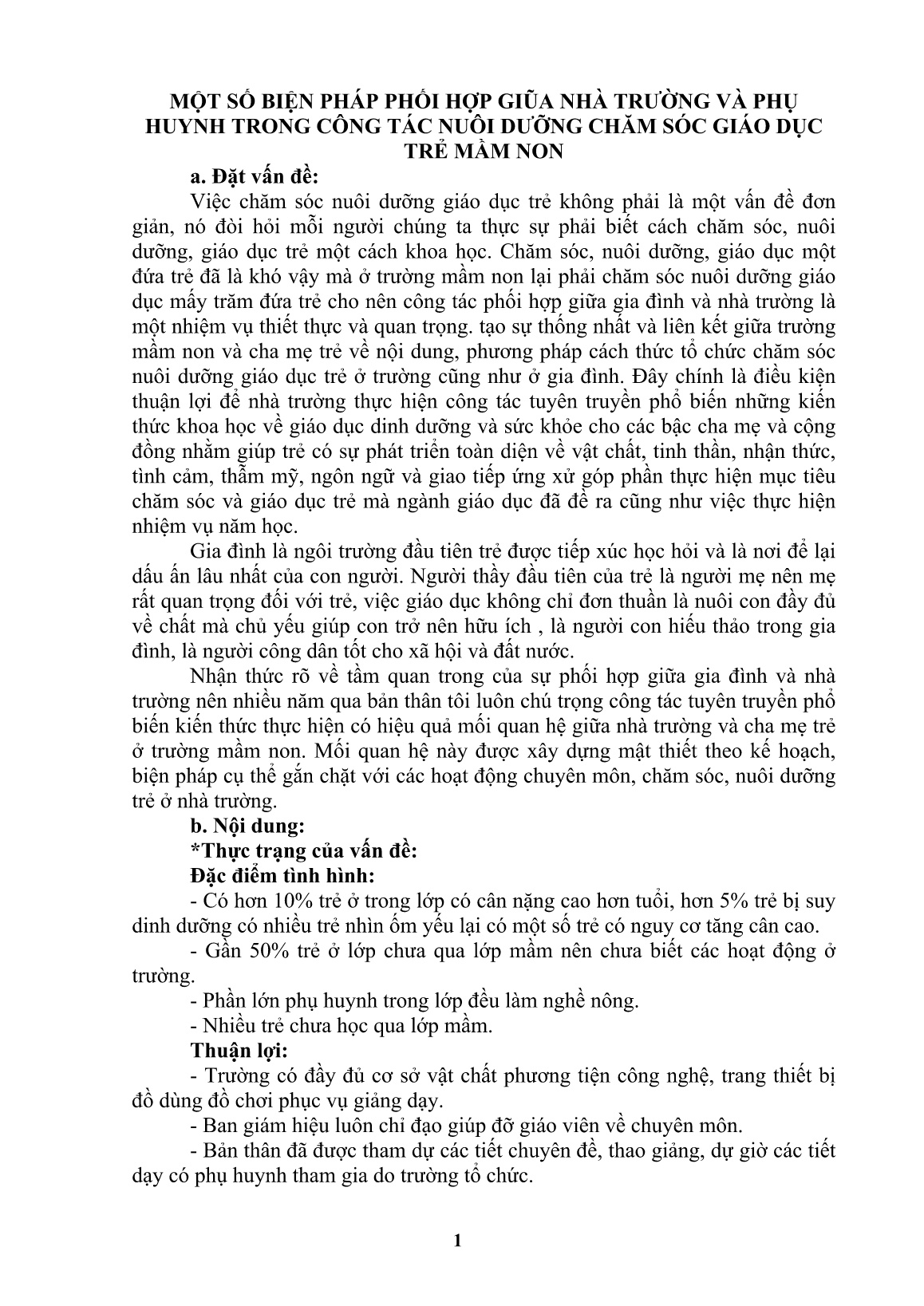 SKKN Một số biện pháp phối hợp giũa nhà trường và phụ huynh trong công tác nuôi dưỡng chăm sóc giáo dục trẻ Mầm non trang 1