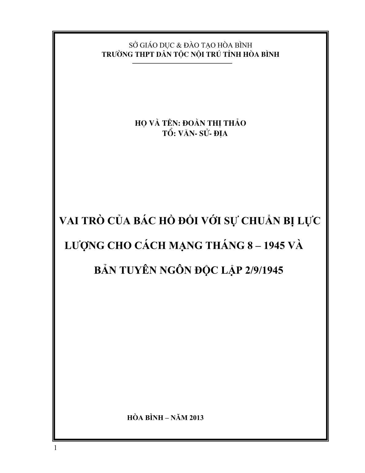 SKKN Vai trò của bác hồ đối với sự chuẩn bị lực lượng cho cách mạng tháng 8 – 1945 và bản tuyên ngôn độc lập 2/9/1945 trang 1