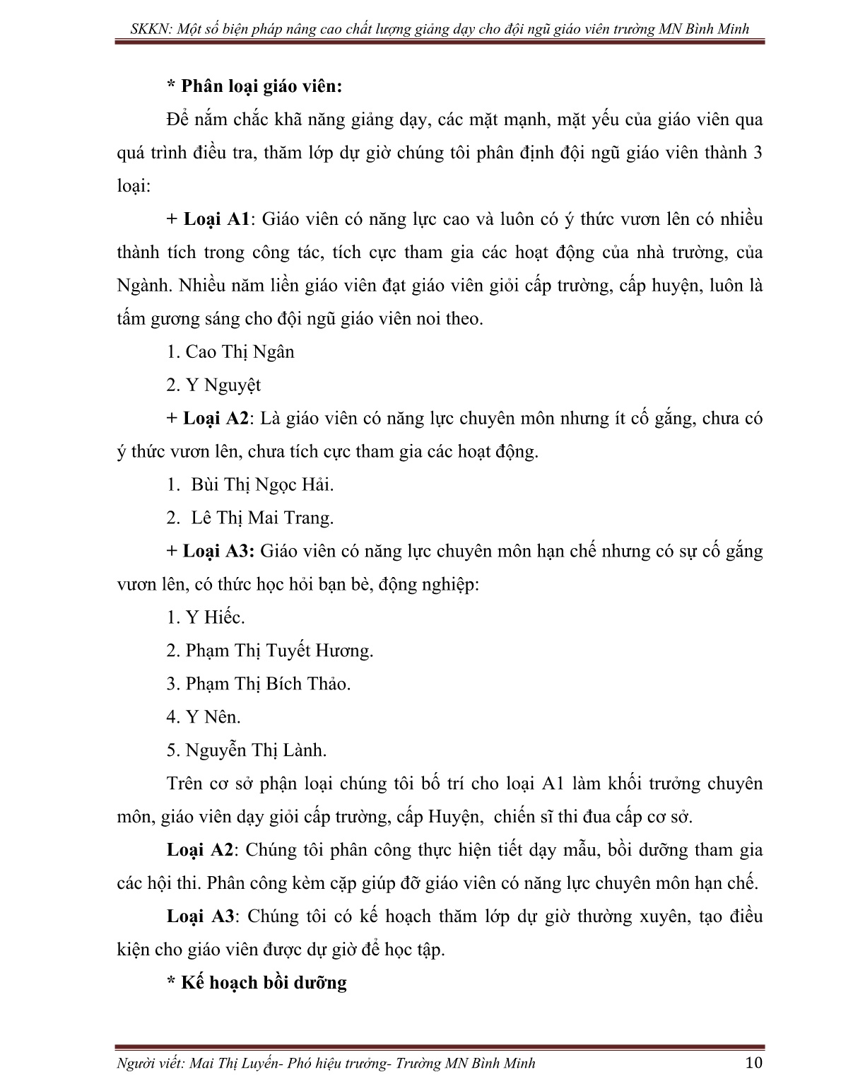 SKKN Một số biện pháp nâng cao chất lượng giảng dạy cho đội ngũ giáo viên Trường Mầm non Bình Minh trang 10