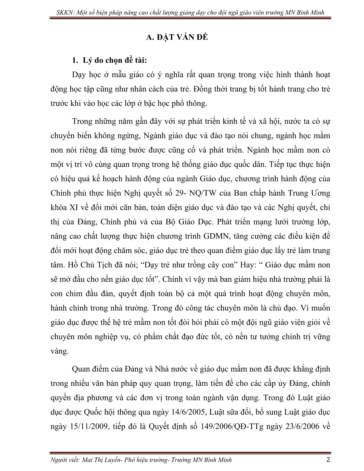 SKKN Một số biện pháp nâng cao chất lượng giảng dạy cho đội ngũ giáo viên Trường Mầm non Bình Minh trang 2