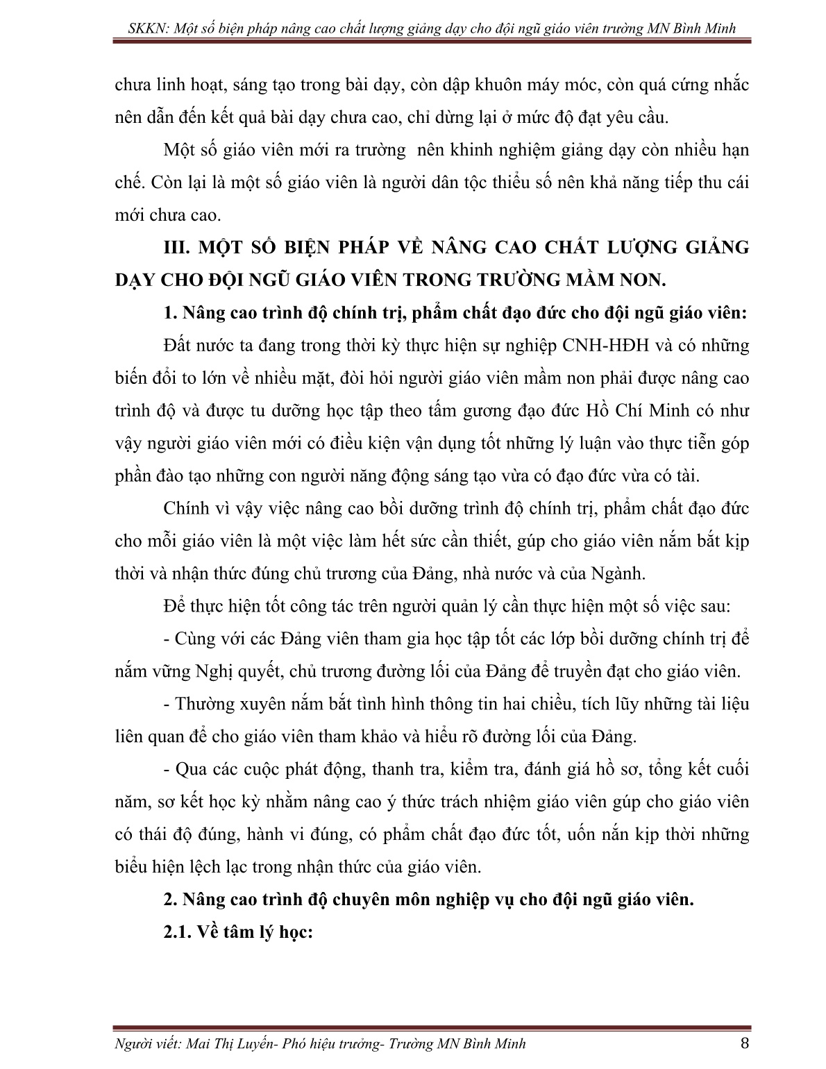 SKKN Một số biện pháp nâng cao chất lượng giảng dạy cho đội ngũ giáo viên Trường Mầm non Bình Minh trang 8