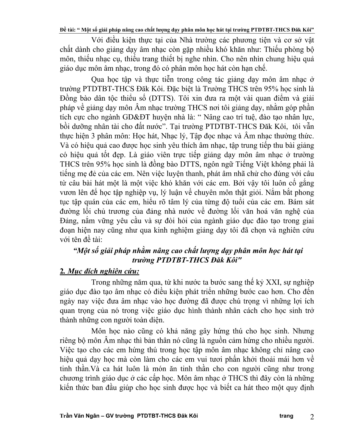 SKKN Một số giải pháp nâng cao chất lượng dạy phân môn học hát tại trường PTDTBT-THCS ĐăK Kôi trang 2