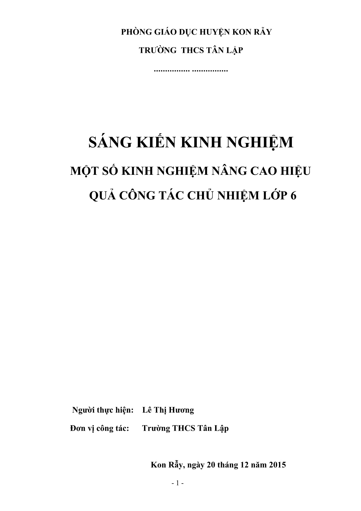 Sáng kiến kinh nghiệm Một số kinh nghiệm nâng cao hiệu quả công tác chủ nhiệm lớp 6 trang 1