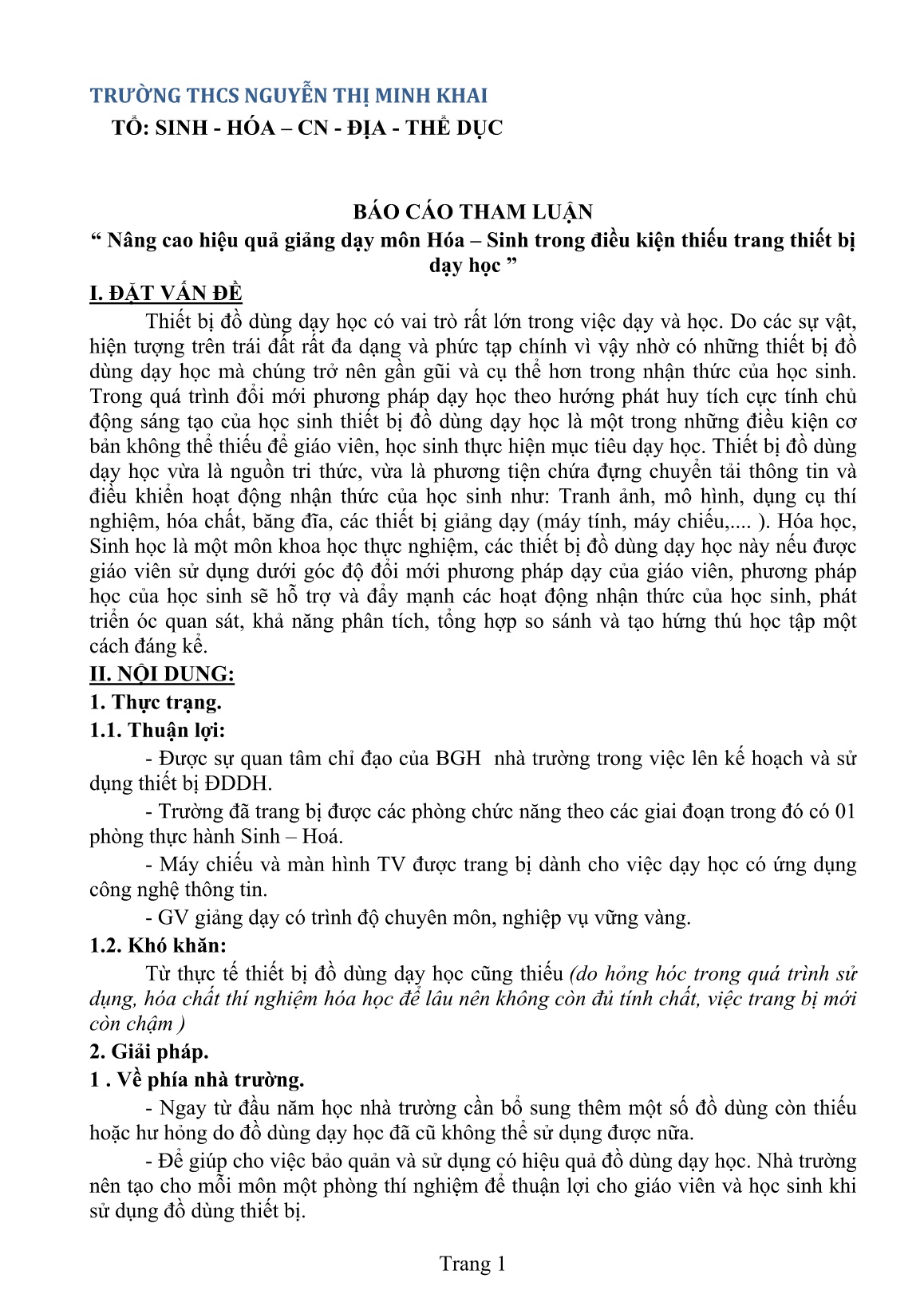Báo cáo tham luận Nâng cao hiệu quả giảng dạy môn Hóa – Sinh trong điều kiện thiếu trang thiết bị dạy học trang 1
