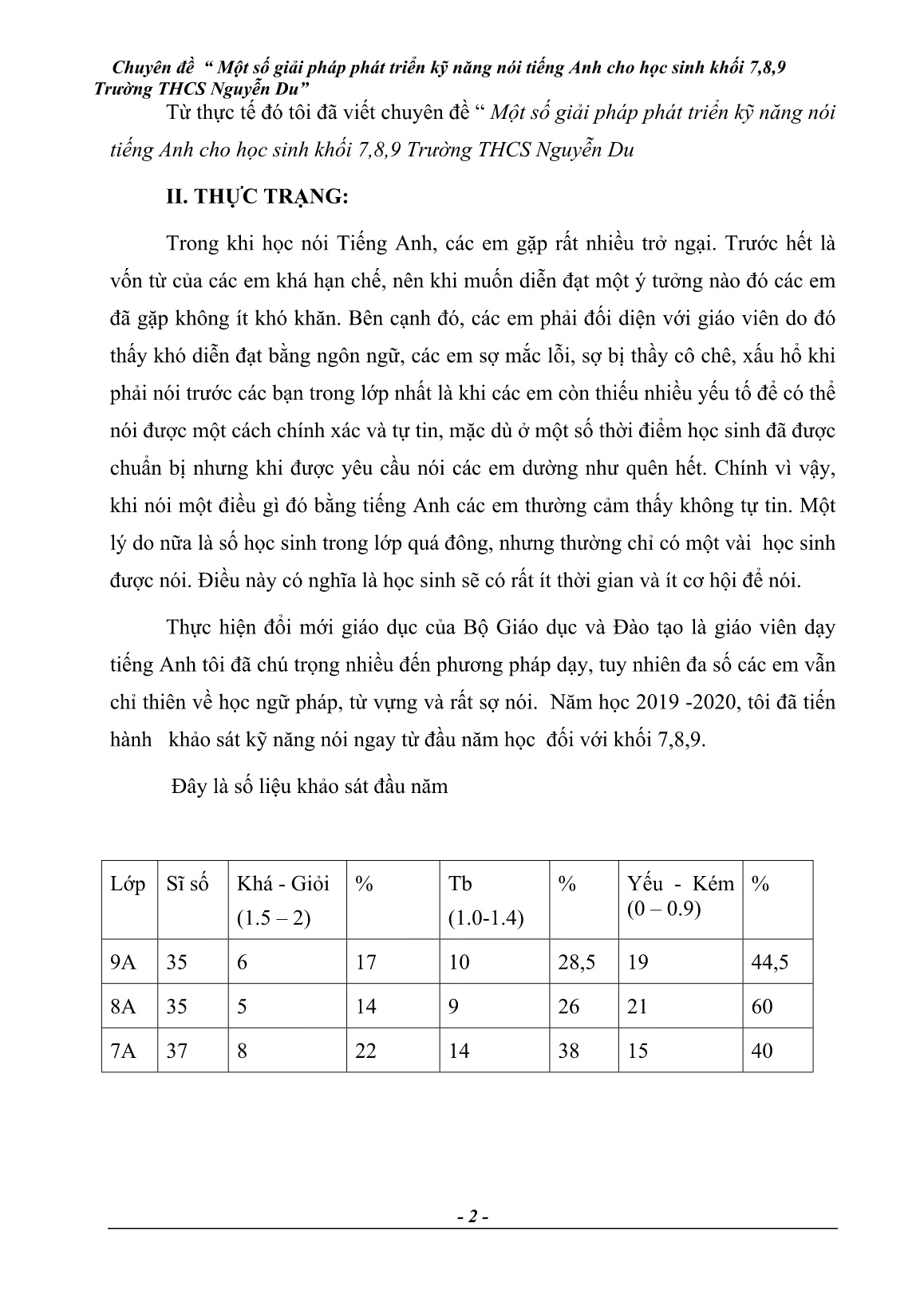 Chuyên đề Một số giải pháp phát triển kỷ năng nói Tiếng Anh cho học sinh Khối 7,8,9 Trường THCS Nguyễn Du trang 2