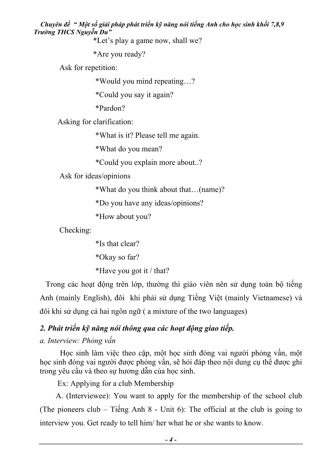 Chuyên đề Một số giải pháp phát triển kỷ năng nói Tiếng Anh cho học sinh Khối 7,8,9 Trường THCS Nguyễn Du trang 4