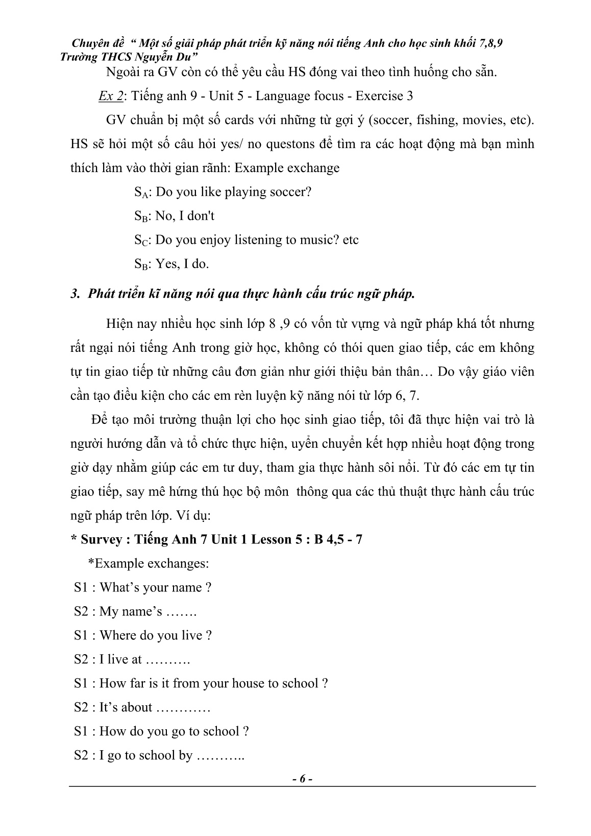Chuyên đề Một số giải pháp phát triển kỷ năng nói Tiếng Anh cho học sinh Khối 7,8,9 Trường THCS Nguyễn Du trang 6