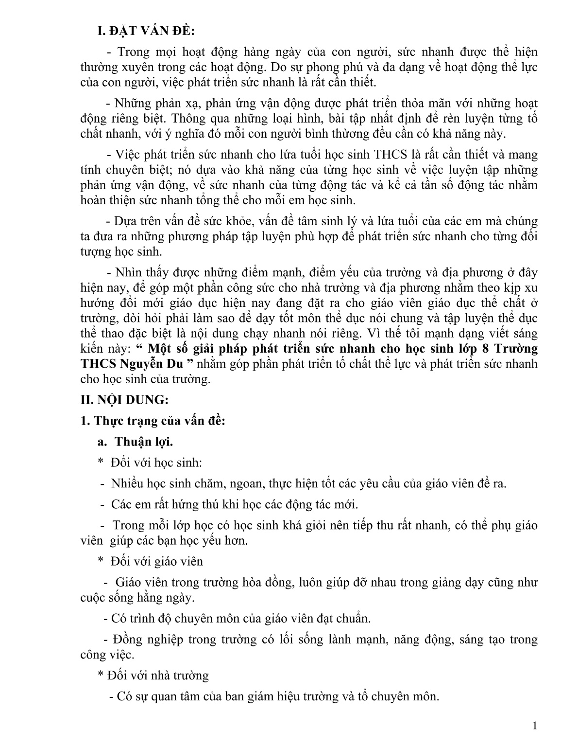 Tóm tắt Sáng kiến Một số giải pháp phát triển sức nhanh cho học sinh Lớp 8 Trường THCS Nguyễn Du trang 1