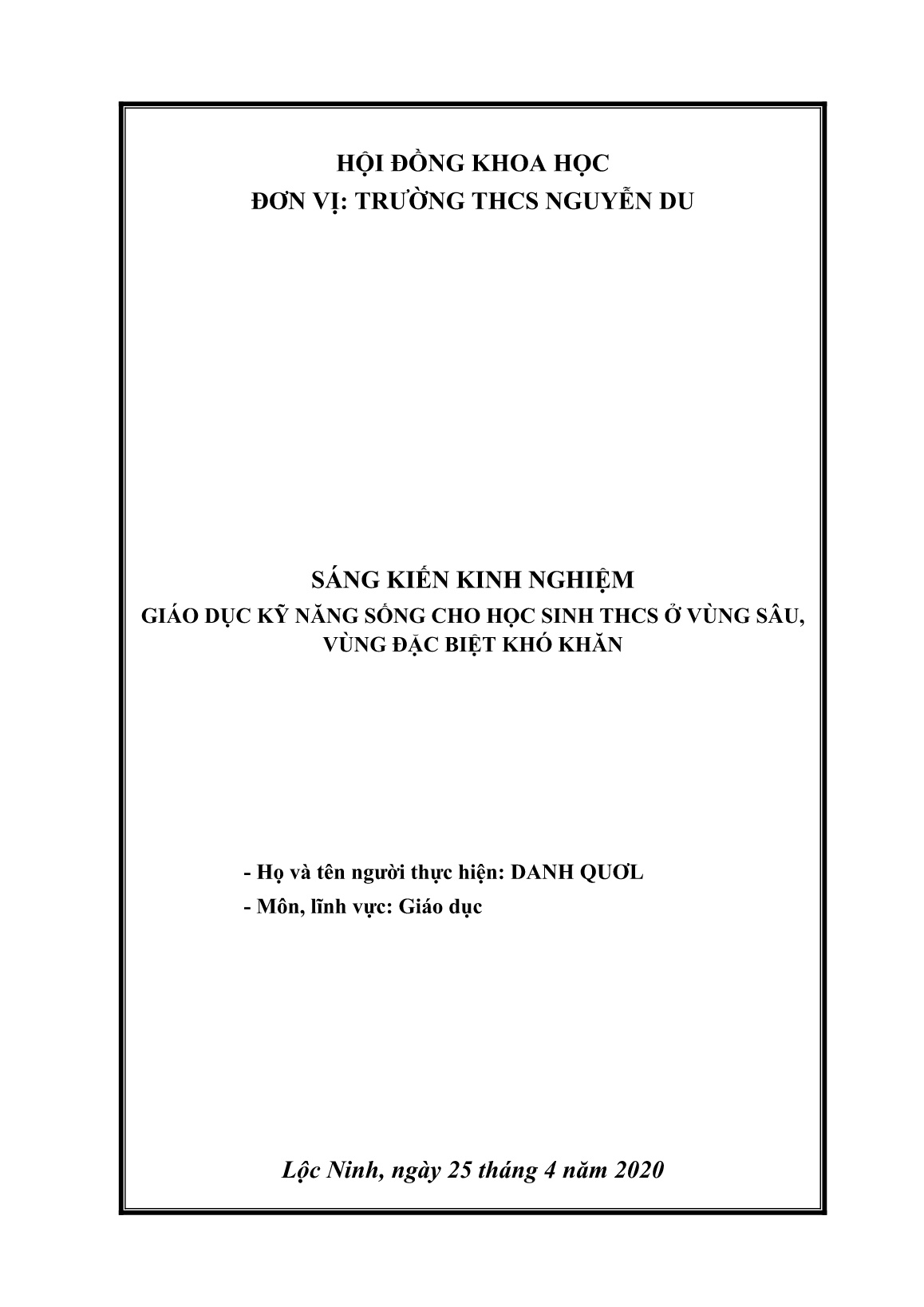 SKKN Giáo dục kỹ năng sống cho học sinh THCS ở vùng sâu, vùng đặc biệt khó khăn trang 1