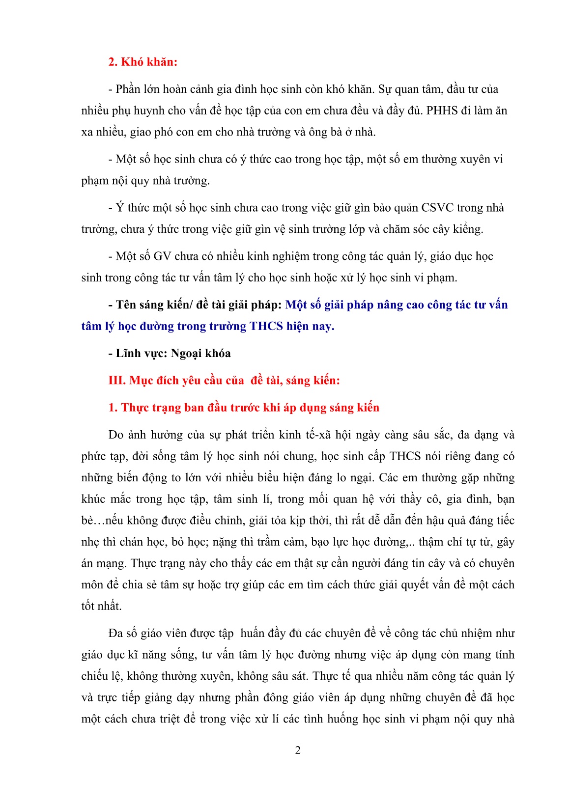 Sáng kiến kinh nghiệm : Một số giải pháp nâng cao công tác tư vấn tâm lý học đường trong trường THCS hiện nay trang 2