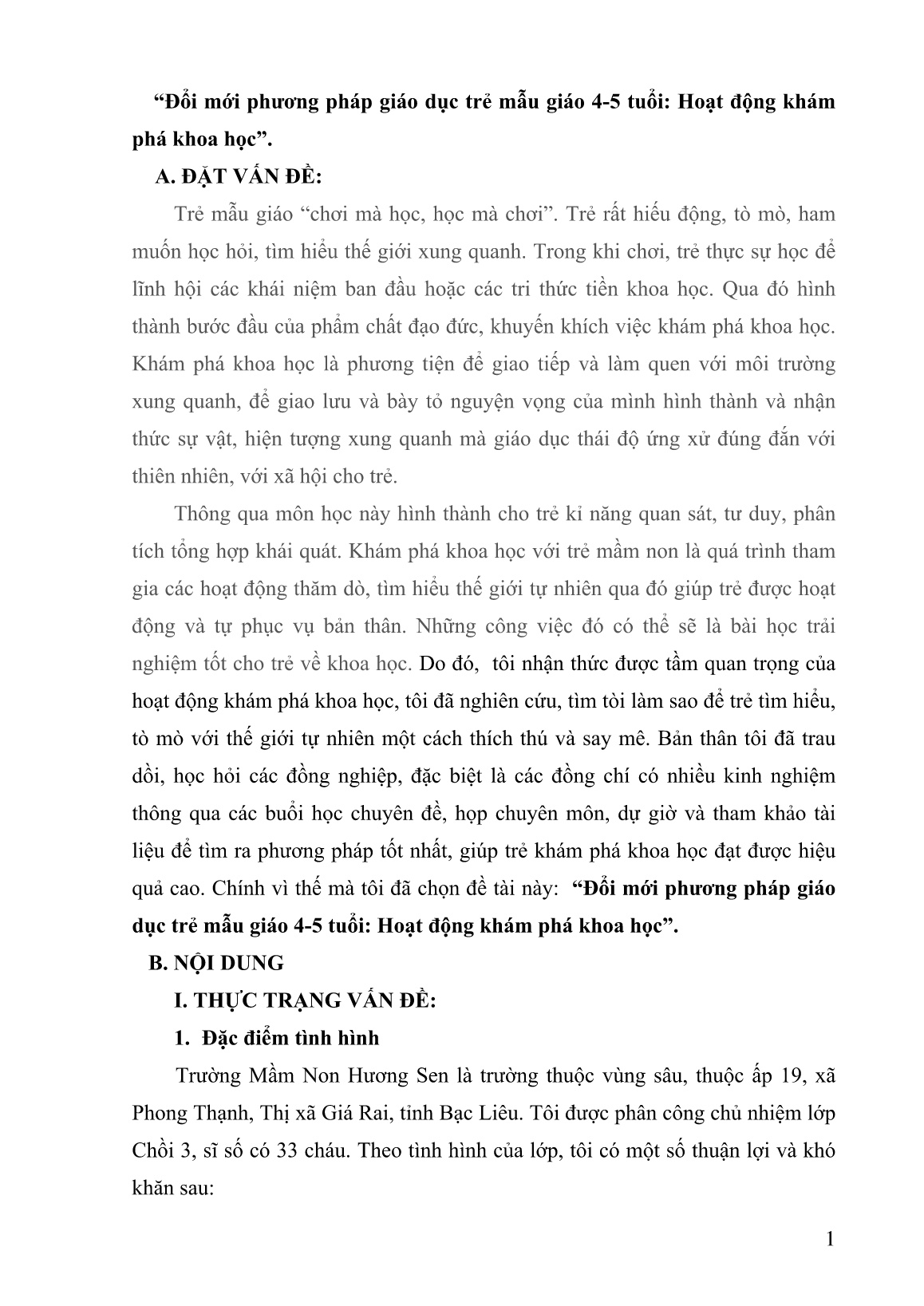 SKKN Đổi mới phương pháp giáo dục trẻ mẫu giáo 4-5 tuổi: Hoạt động khám phá khoa học trang 1