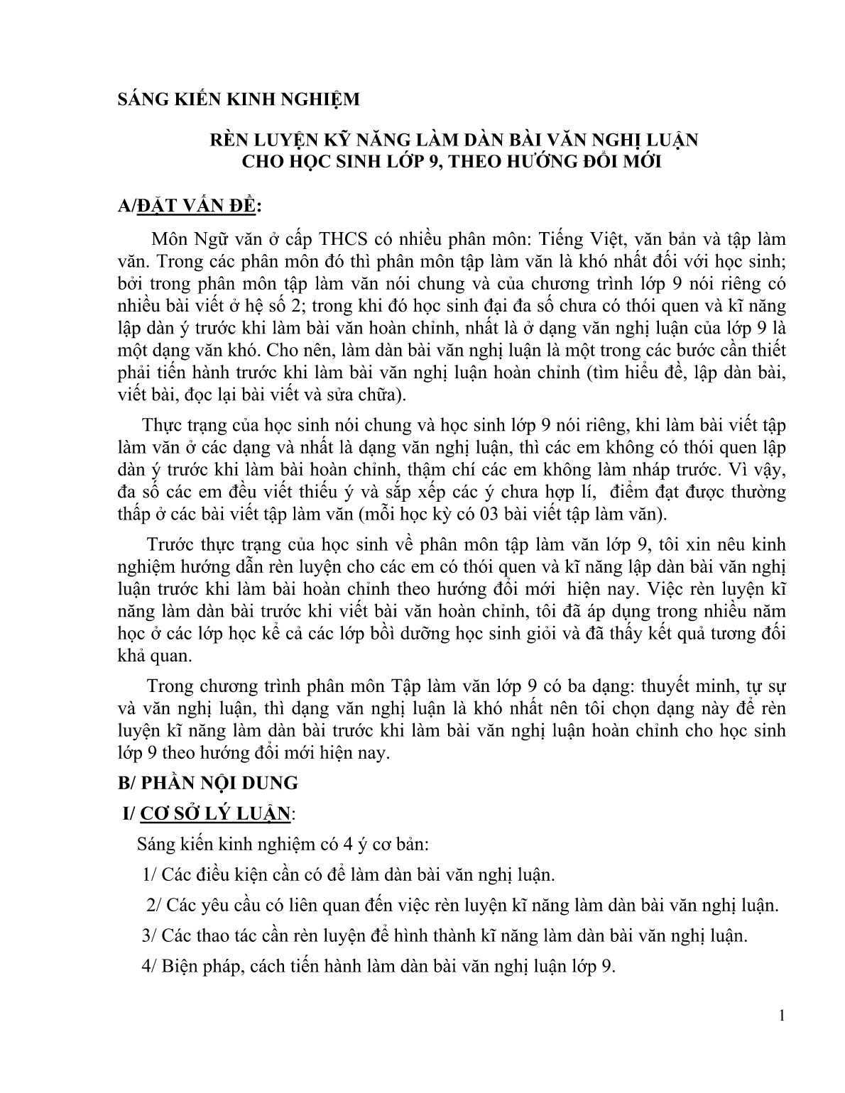 SKKN Rèn luyện kỹ năng làm dàn bài văn nghị luận cho học sinh Lớp 9, theo hướng đổi mới trang 1