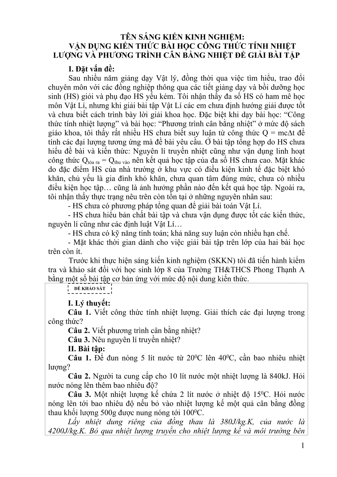 SKKN Vận dụng kiến thức bài học công thức tính nhiệt lượng và phương trình cân bằng nhiệt để giải bài tập trang 1