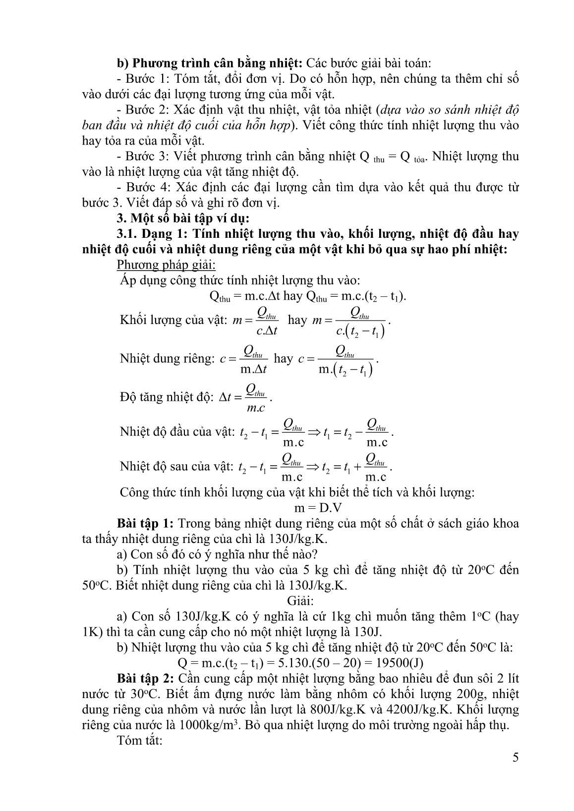 SKKN Vận dụng kiến thức bài học công thức tính nhiệt lượng và phương trình cân bằng nhiệt để giải bài tập trang 5