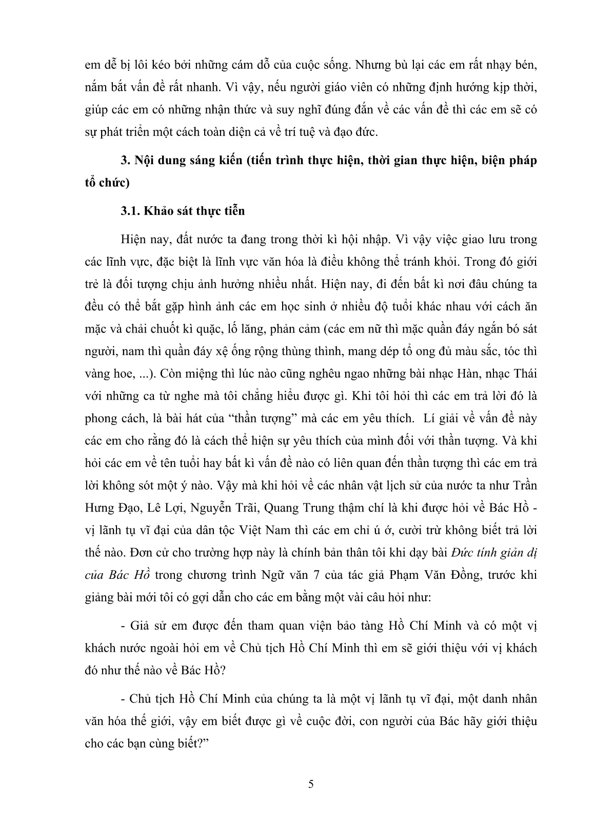 Sáng kiến kinh nghiệm Lồng ghép tấm gương đạo đức Hồ Chí Minh trong dạy học Ngữ văn ở Trung học cơ sở trang 5