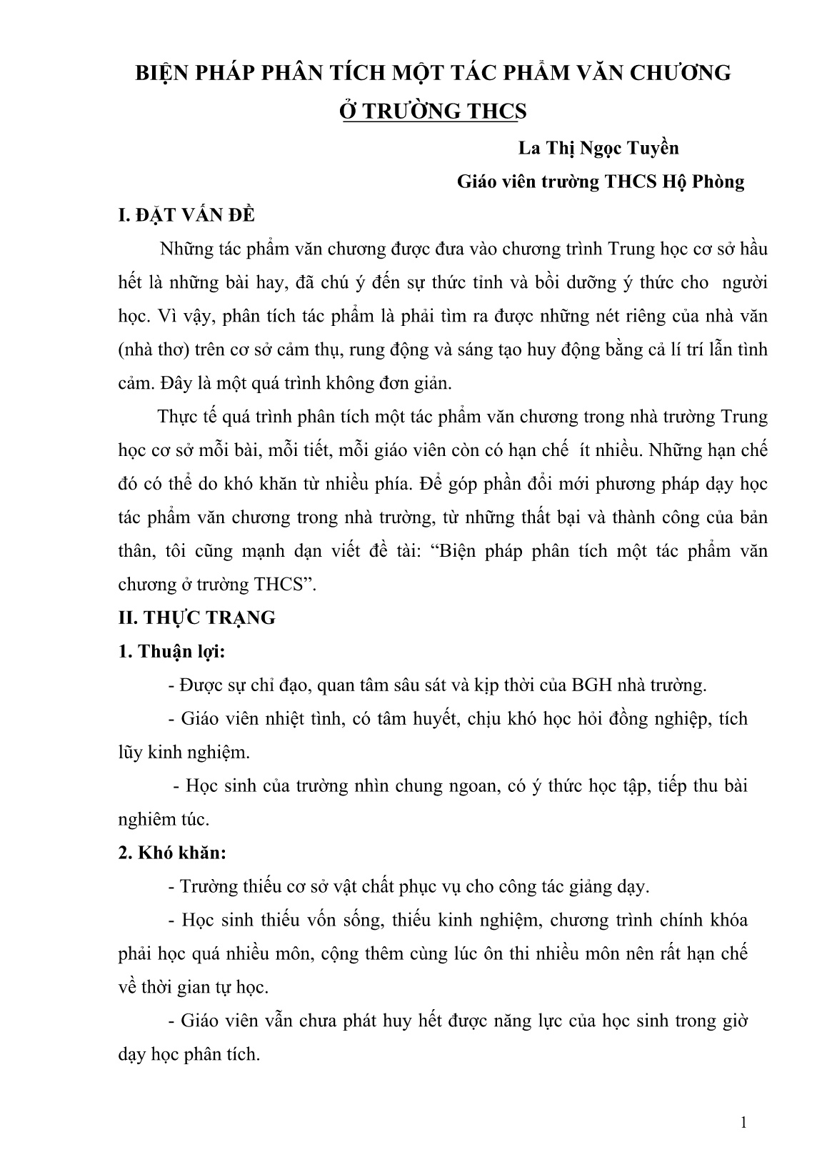 Báo cáo Biện pháp phân tích một tác phẩm văn chương ở trường THCS trang 1