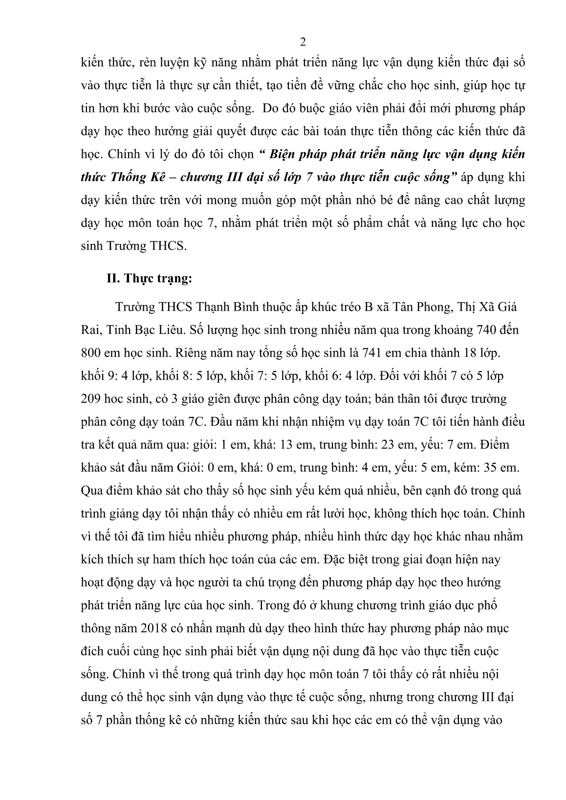 Báo cáo Biện pháp phát triển năng lực vận dụng kiến thức thống kê – chương III Đại số Lớp 7 vào thực tiễn cuộc sống trang 2