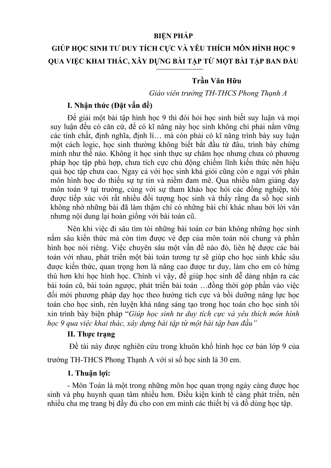 Báo cáo Biện pháp giúp học sinh tư duy tích cực và yêu thích môn Hình học 9 qua việc khai thác, xây dựng bài tập từ một bài tập ban đầu trang 1