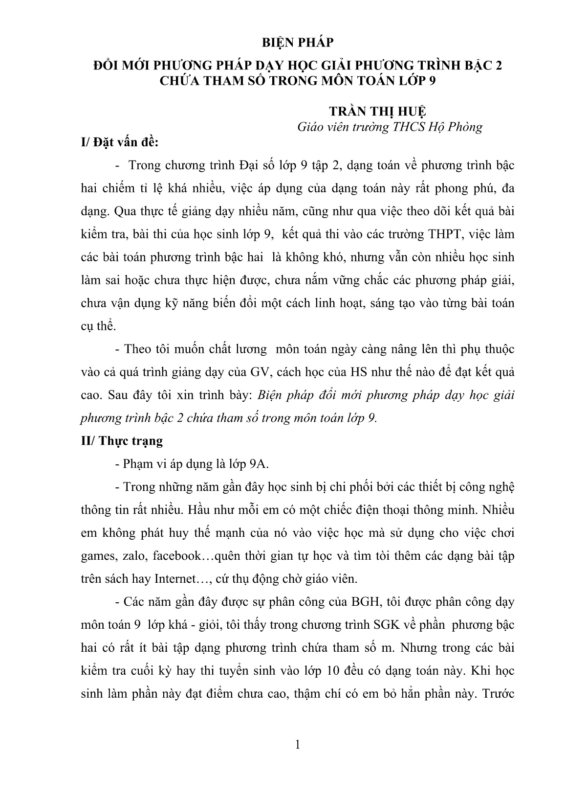 Báo cáo Biện pháp đổi mới phương pháp dạy học giải phương trình bậc 2 chứa tham số trong môn Toán Lớp 9 trang 1