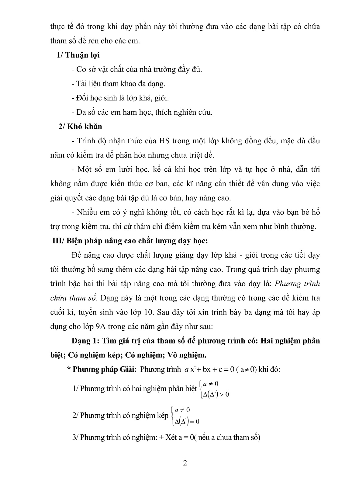 Báo cáo Biện pháp đổi mới phương pháp dạy học giải phương trình bậc 2 chứa tham số trong môn Toán Lớp 9 trang 2