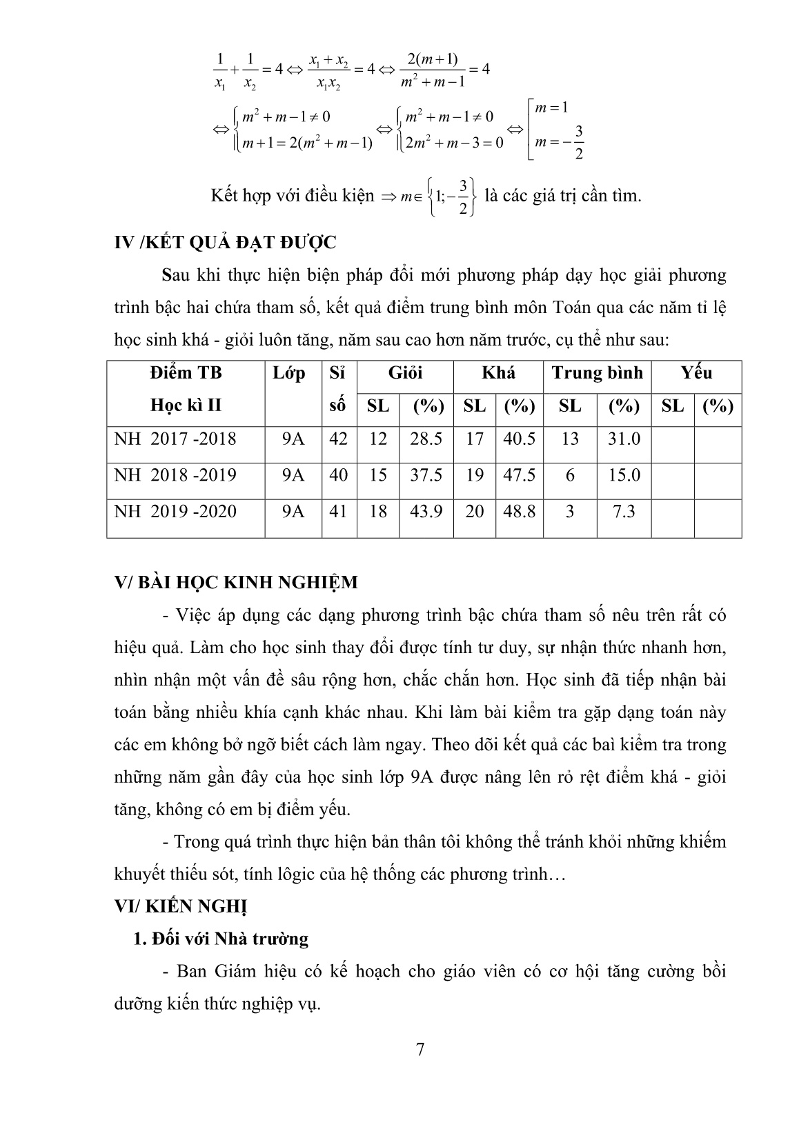 Báo cáo Biện pháp đổi mới phương pháp dạy học giải phương trình bậc 2 chứa tham số trong môn Toán Lớp 9 trang 7