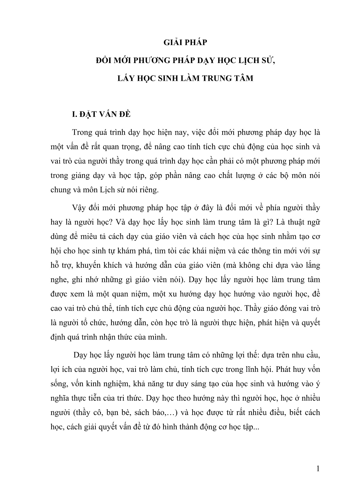 Báo cáo Giải pháp đổi mới phương pháp dạy học Lịch sử, lấy học sinh làm trung tâm trang 1