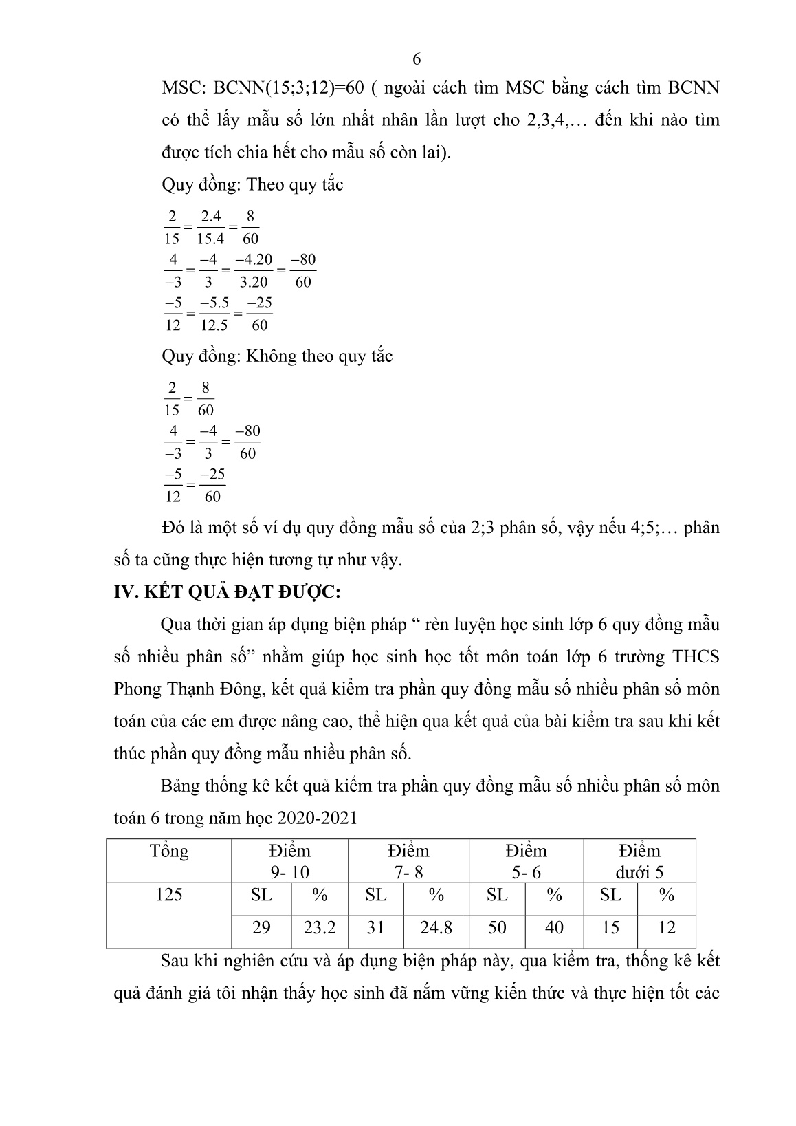 Báo cáo Biện pháp rèn luyện học sinh Lớp 6 quy đồng mẫu số nhiều phân số trang 6