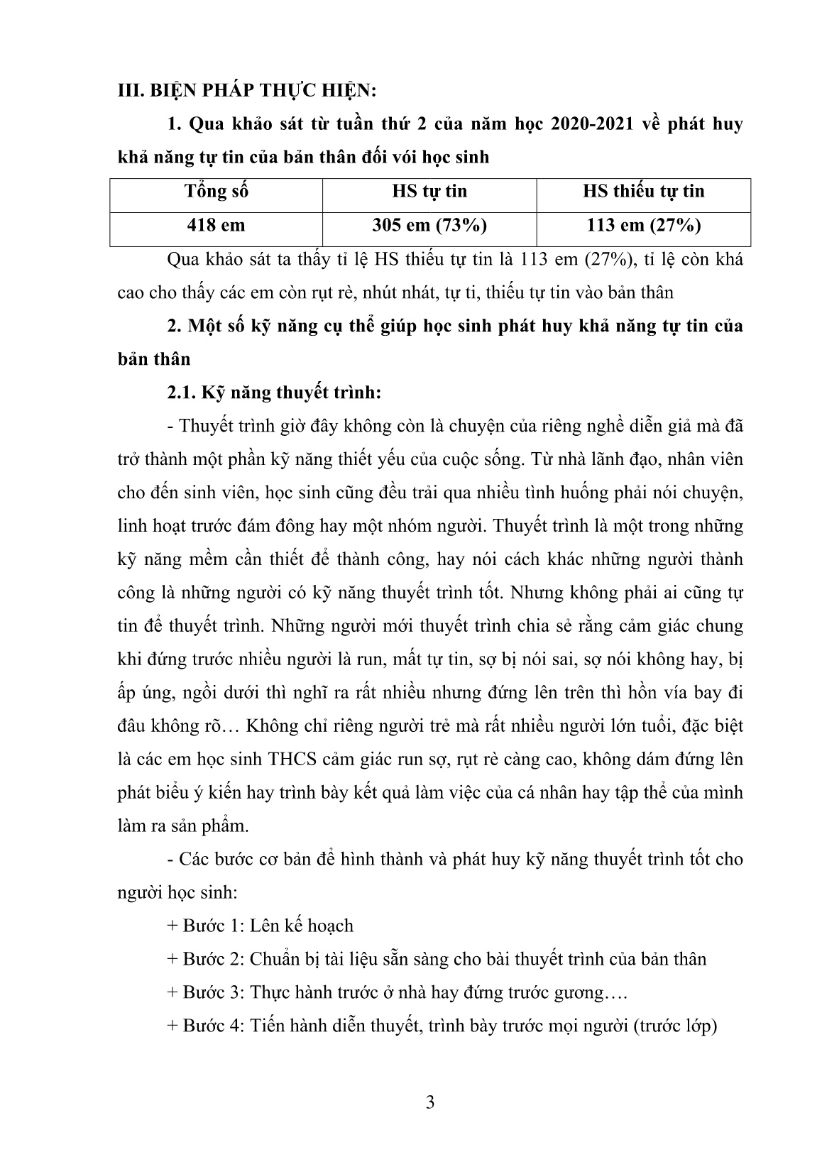 Báo cáo Biện pháp giáo dục học sinh THCS phát huy khả năng tự tin của bản thân vào học tập, công việc của cá nhân và tập thể trang 3