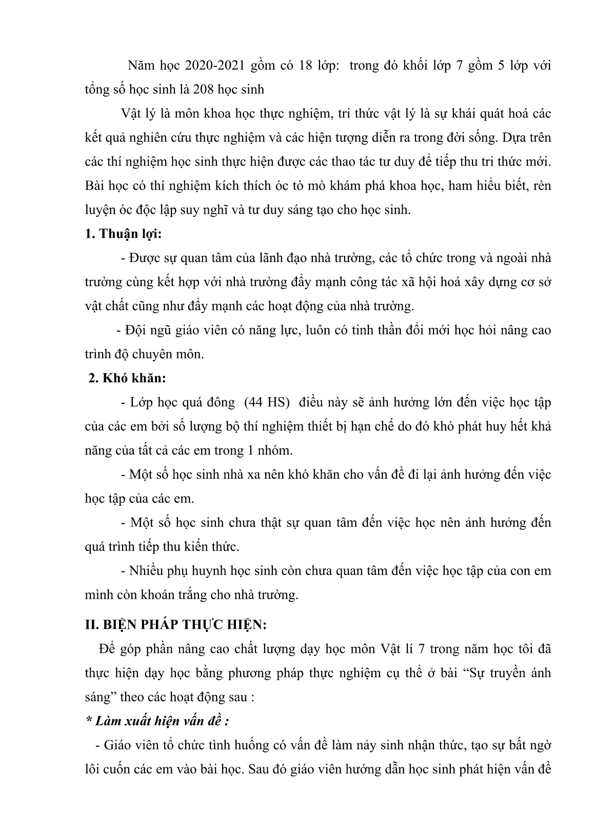 Báo cáo Biện pháp dạy học bằng phương pháp thực nghiệm môn Vật lí 7 về sự truyền ánh sáng trang 2