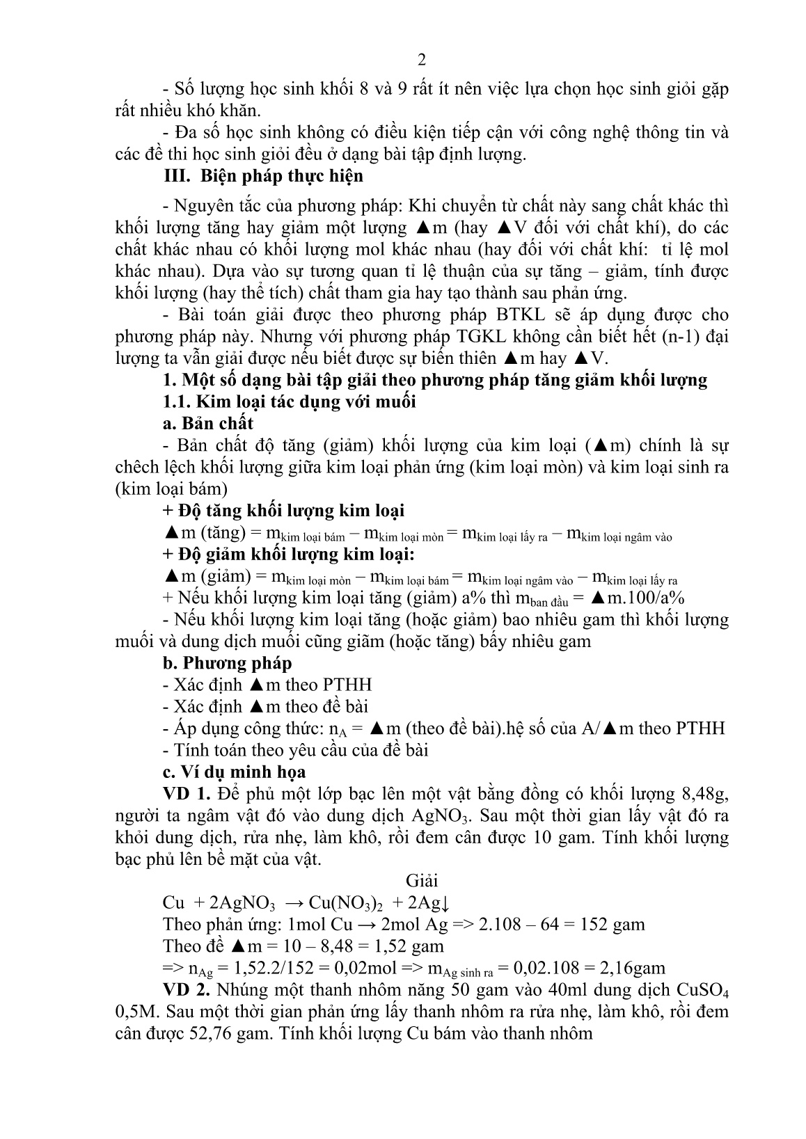 Báo cáo Biện pháp sử dụng phương pháp tăng giảm khối lượng giải bài tập định lượng ôn học sinh giỏi môn Hóa học cấp THCS trang 2
