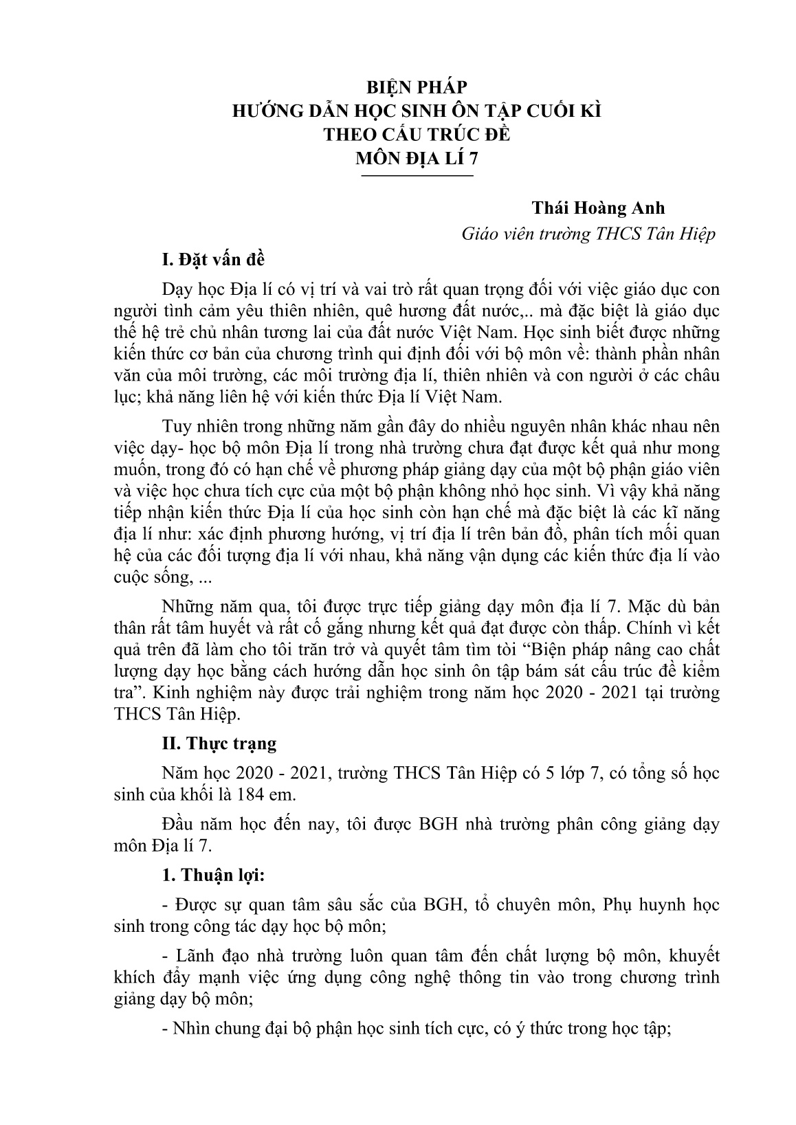 Báo cáo Biện pháp hướng dẫn học sinh ôn tập cuối kì theo cấu trúc đề môn Địa lí 7 trang 1