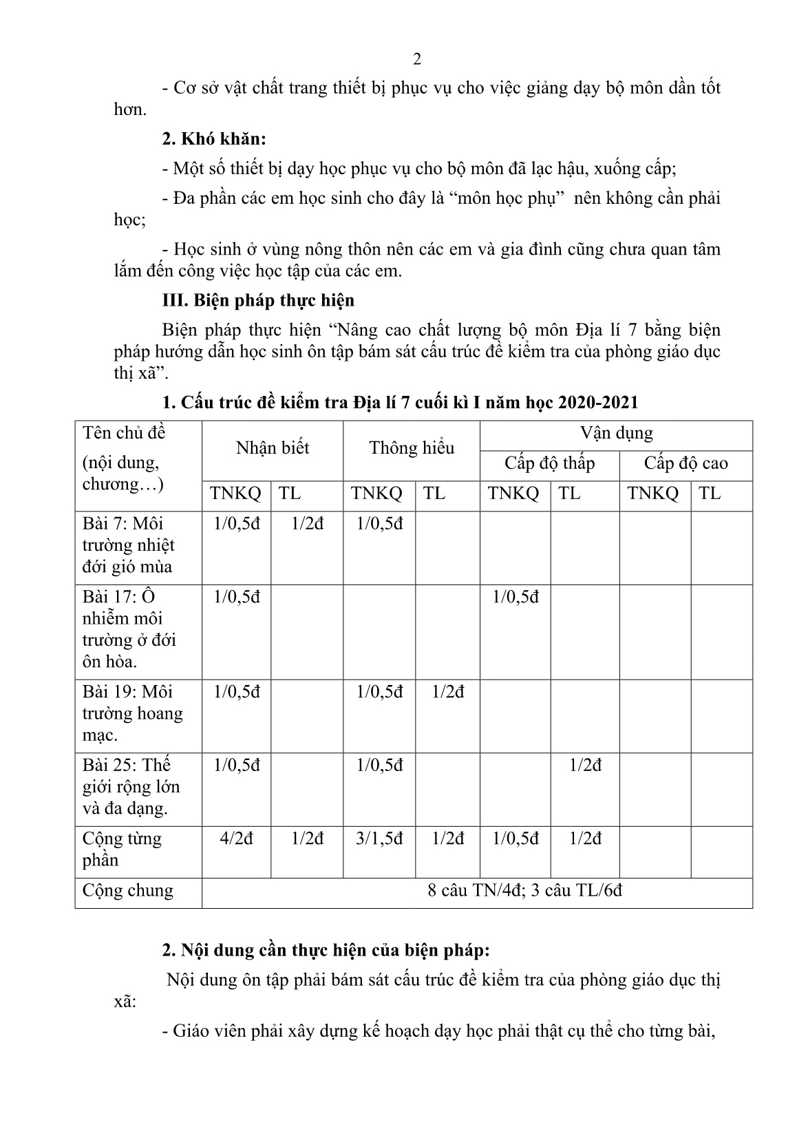 Báo cáo Biện pháp hướng dẫn học sinh ôn tập cuối kì theo cấu trúc đề môn Địa lí 7 trang 2