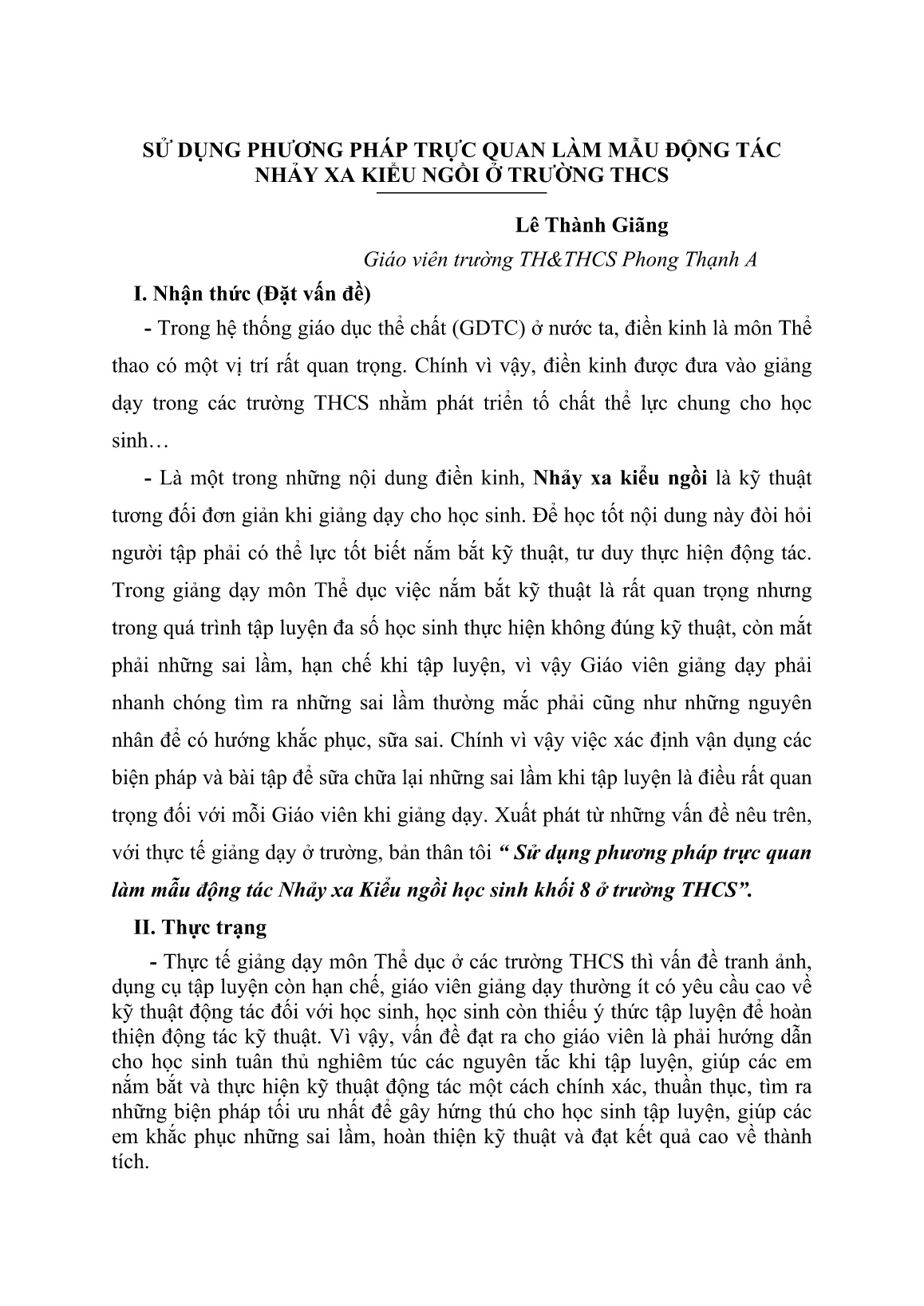 Báo cáo Sử dụng phương pháp trực quan làm mẫu động tác Nhảy xa Kiểu ngồi học sinh khối 8 ở trường THCS trang 1