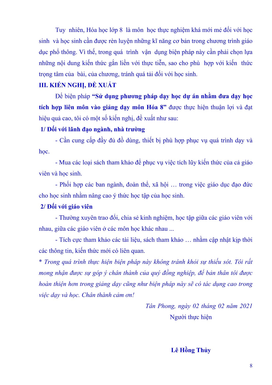 Báo cáo Biện pháp sử dụng phương pháp dạy học dự án nhằm đưa dạy học tích hợp liên môn vào giảng dạy môn Hóa 8 trang 8