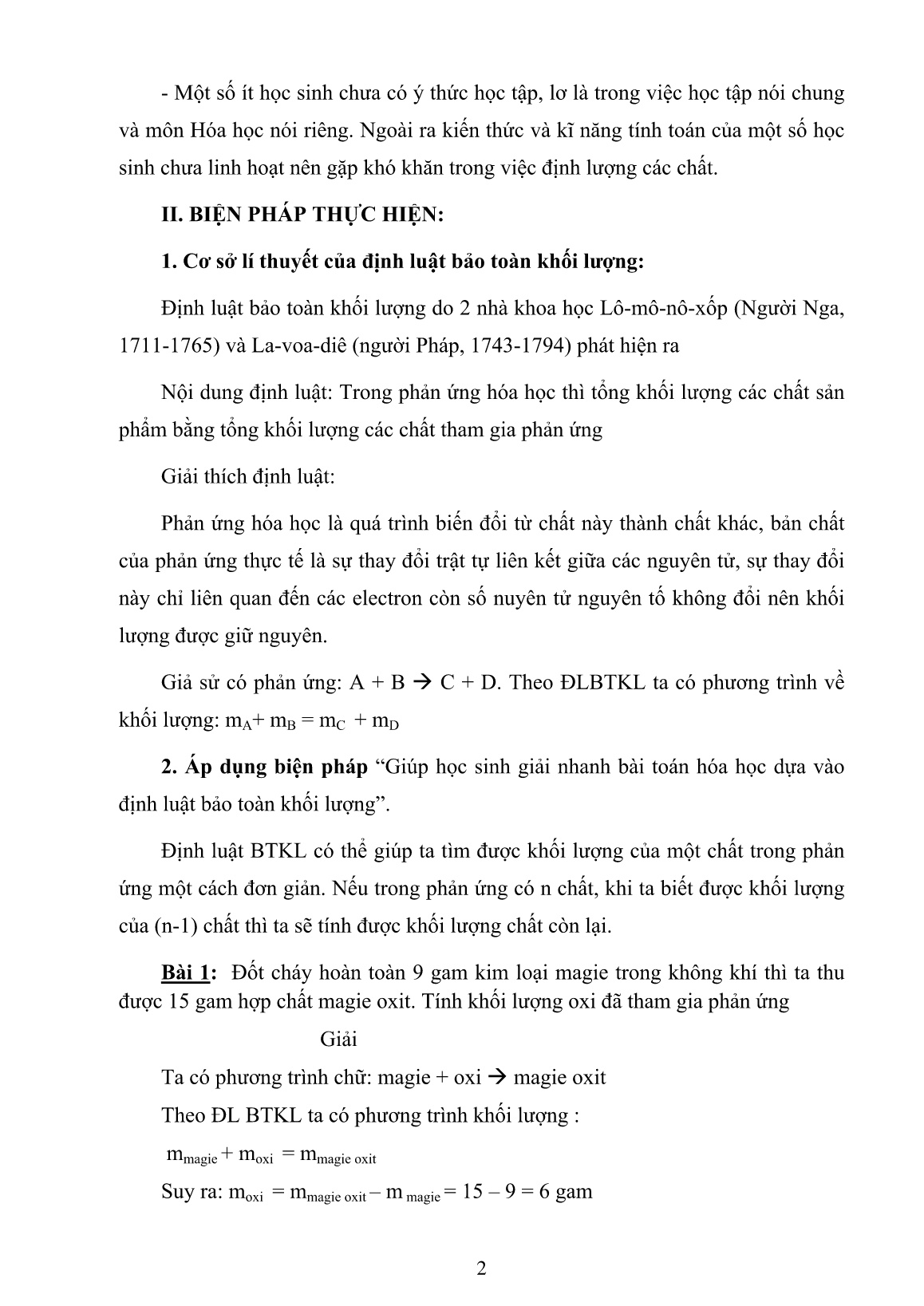 Báo cáo Biện pháp giúp học sinh giải nhanh bài toán hóa học dựa vào định luật bảo toàn khối lượng trang 2