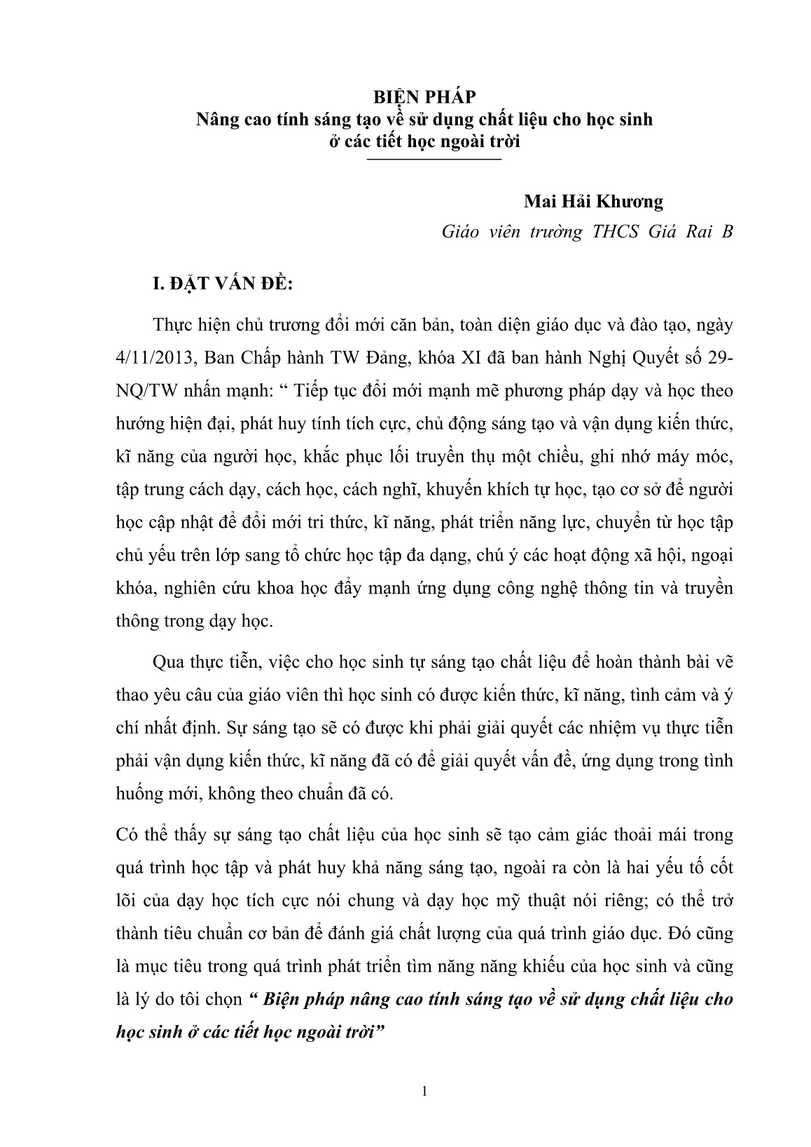 Báo cáo Biện pháp nâng cao tính sáng tạo về sử dụng chất liệu cho học sinh ở các tiết học ngoài trời trang 1