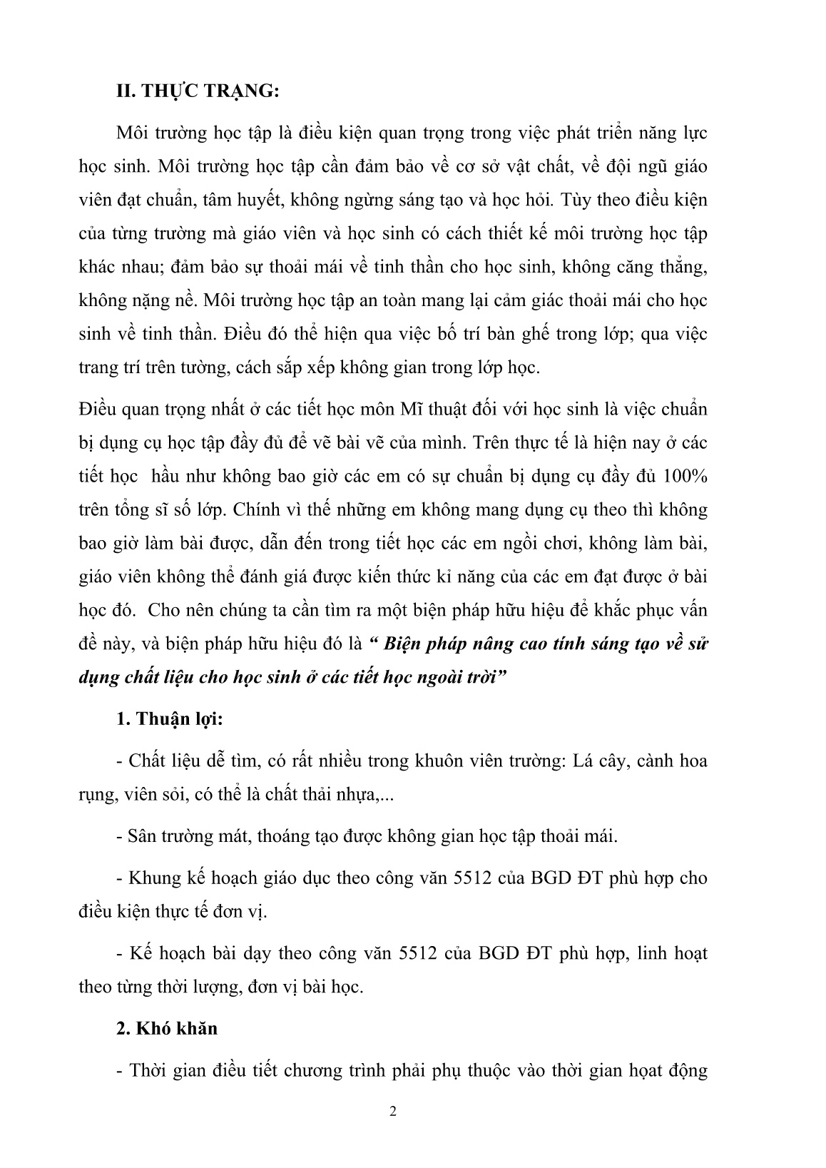 Báo cáo Biện pháp nâng cao tính sáng tạo về sử dụng chất liệu cho học sinh ở các tiết học ngoài trời trang 2