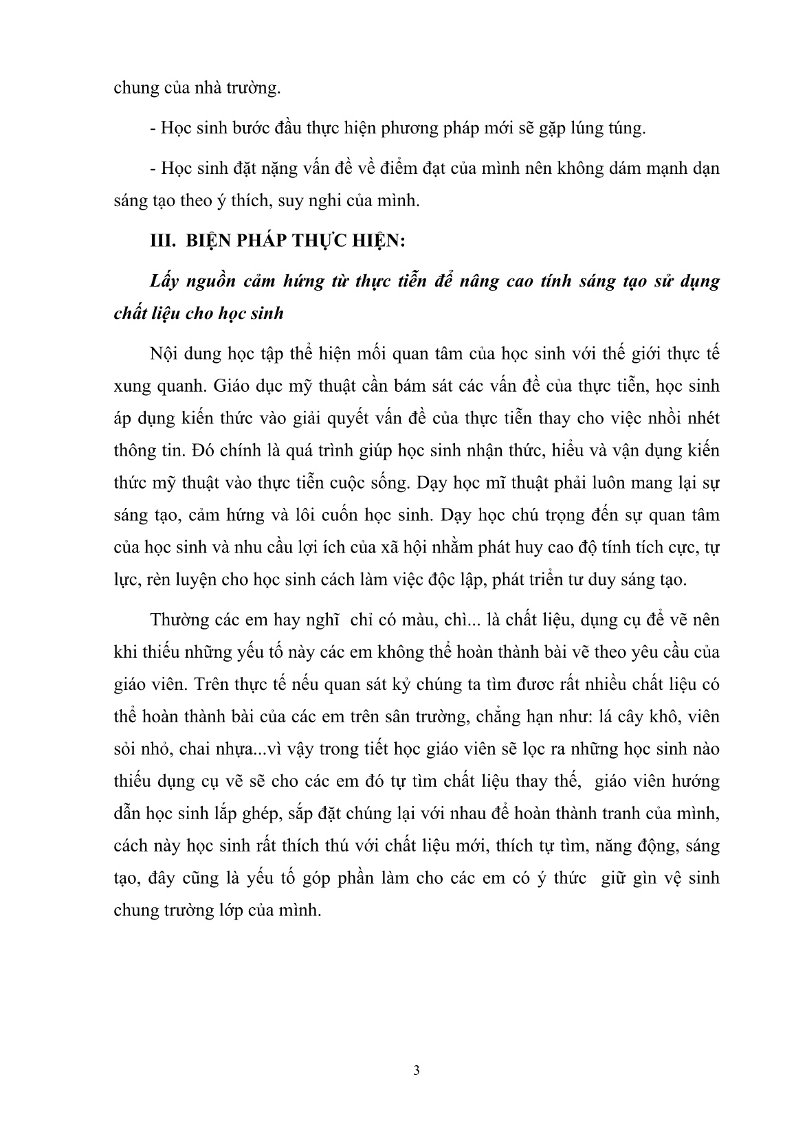 Báo cáo Biện pháp nâng cao tính sáng tạo về sử dụng chất liệu cho học sinh ở các tiết học ngoài trời trang 3