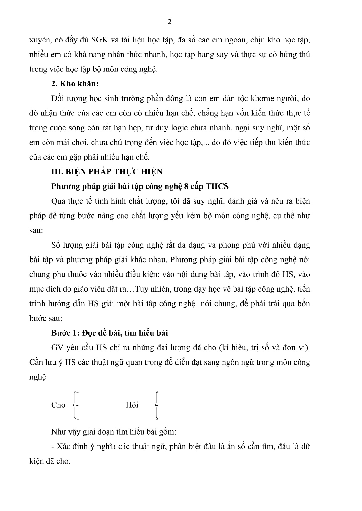 Báo cáo Biện pháp phương pháp giải bài tập Công nghệ 8 trang 2